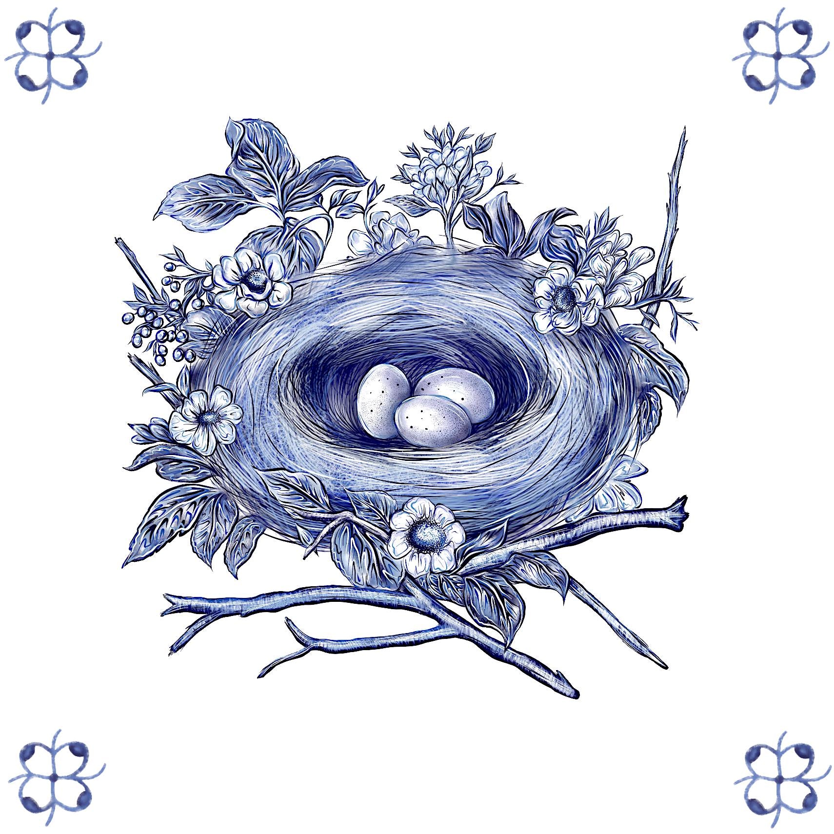 Delft Blue Ceramic Tile- Nest with Eggs︱Splashback, Kitchen Tiles, Modern Dutch Style