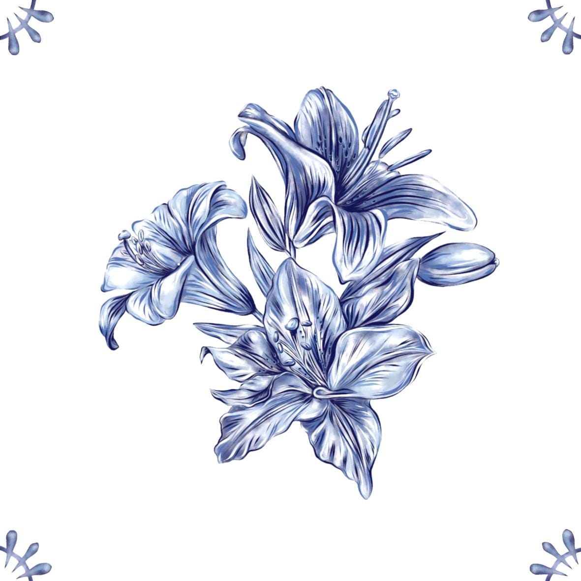 Delft Blue Ceramic Tile- Lily︱Bathroom Tile, Splashback, Kitchen Tiles, Modern Dutch Style