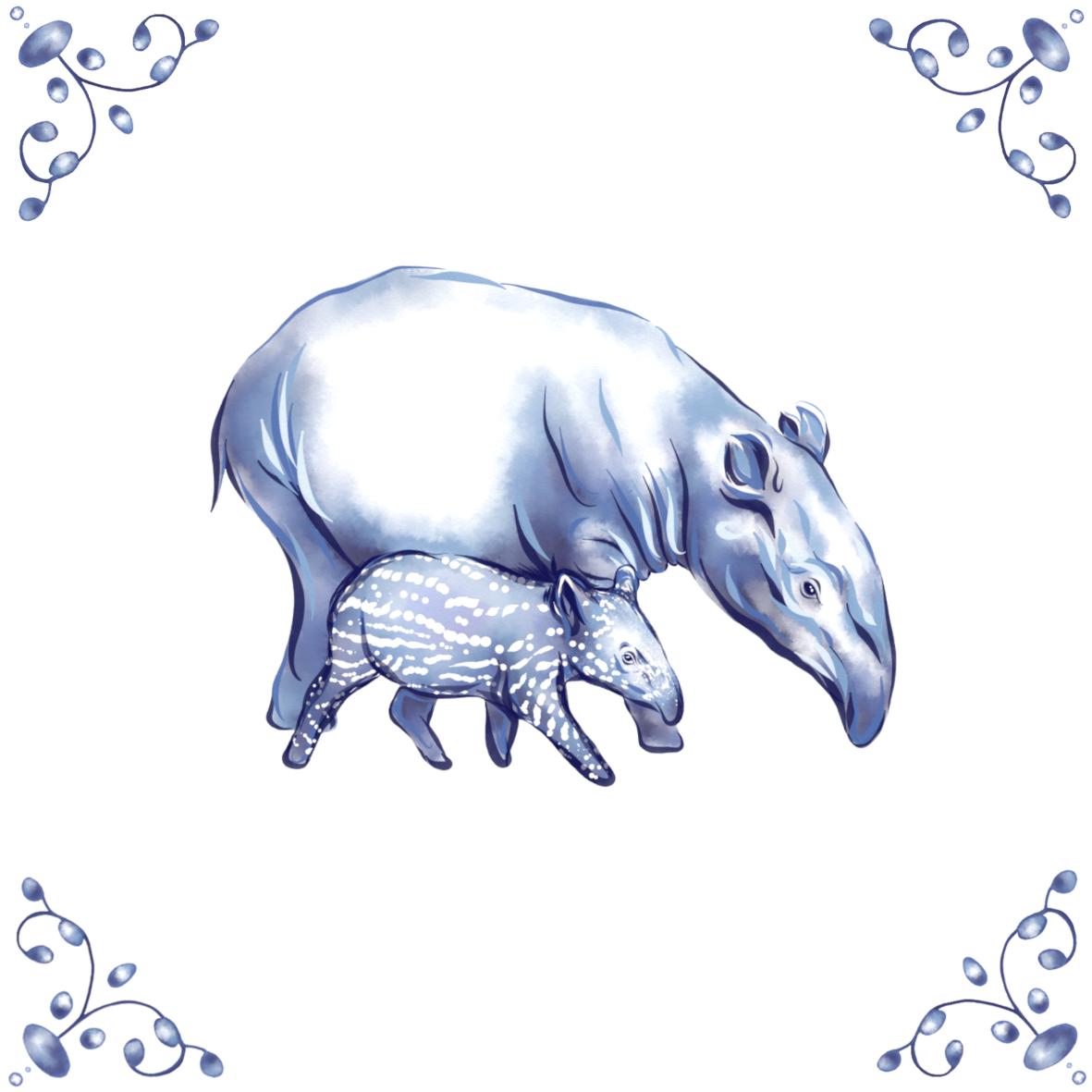 Delft Blue Ceramic Tile- Tapir and Baby︱Bathroom Tile, Splashback, Kitchen Tiles, Modern Dutch Style