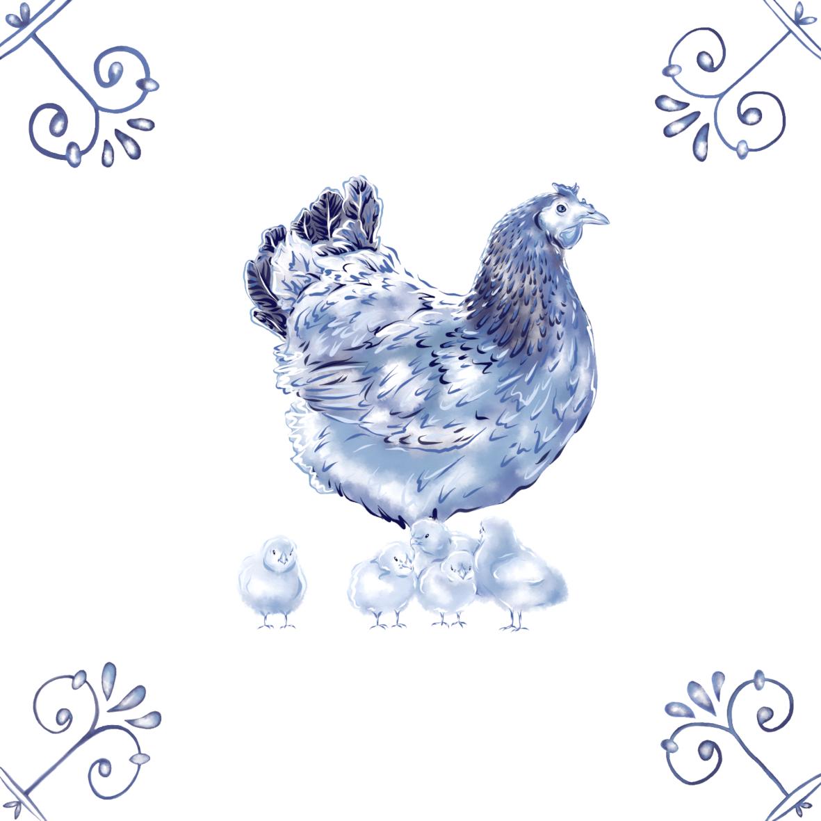 Delft Blue Ceramic Tile- Hen and Chicks︱Bathroom Tile, Splashback, Kitchen Tiles, Modern Dutch Style