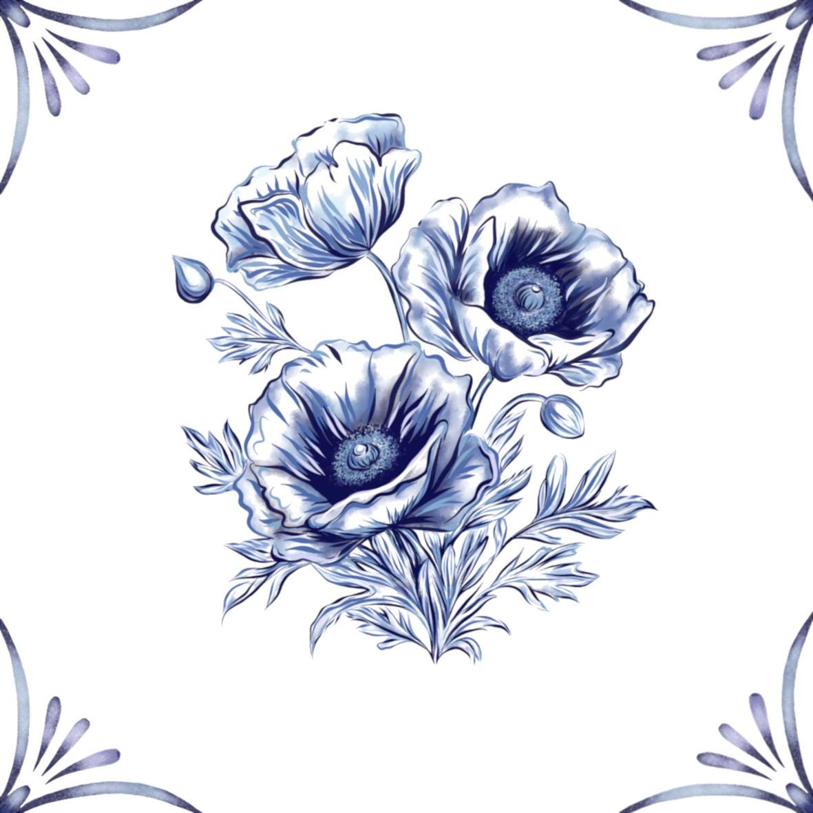 Delft Blue Ceramic Tile- Poppy︱Bathroom Tile, Splashback, Kitchen Tiles, Modern Dutch Style