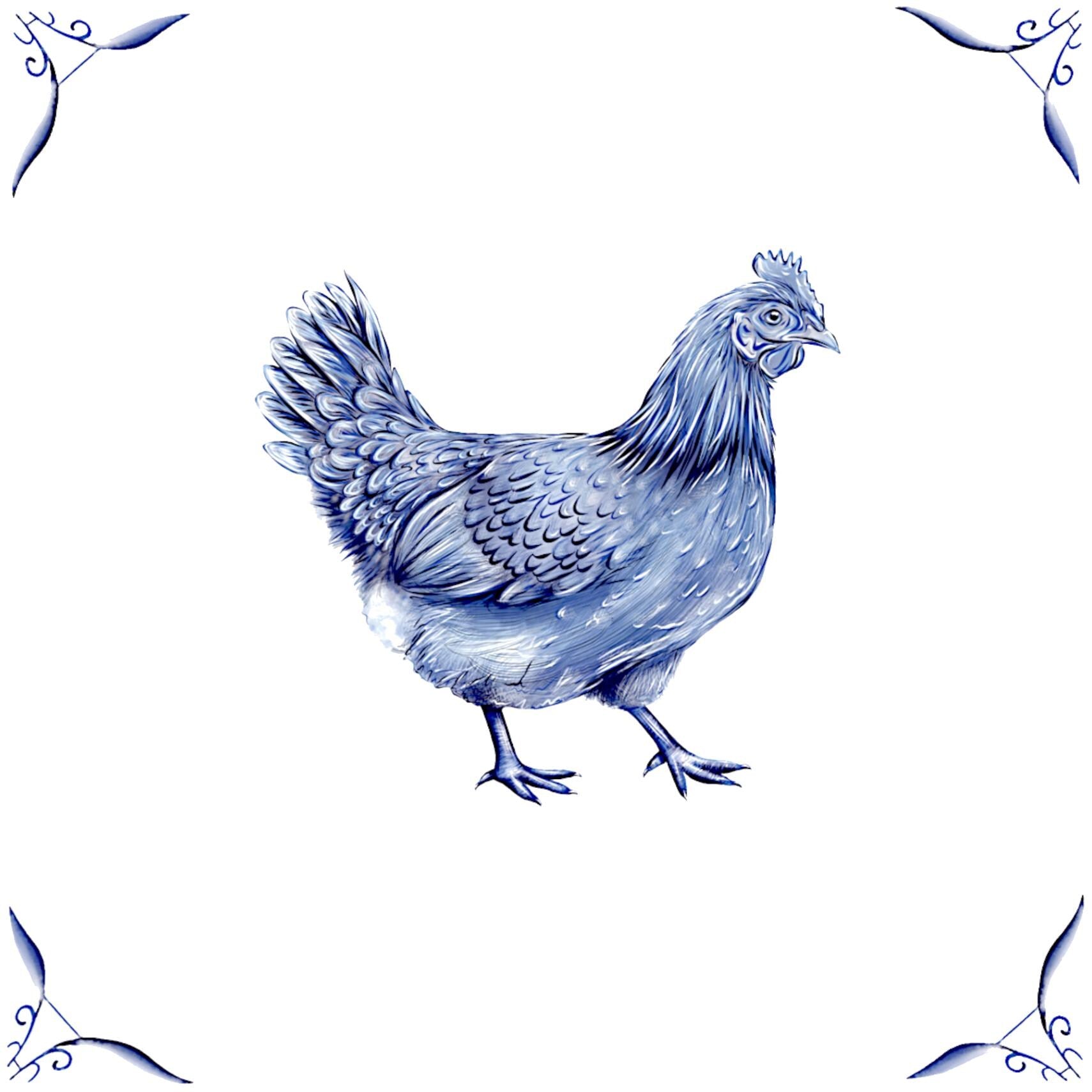 Delft Blue Ceramic Tile- Chicken︱Bathroom Tile, Splashback, Kitchen Tiles, Modern Dutch Style