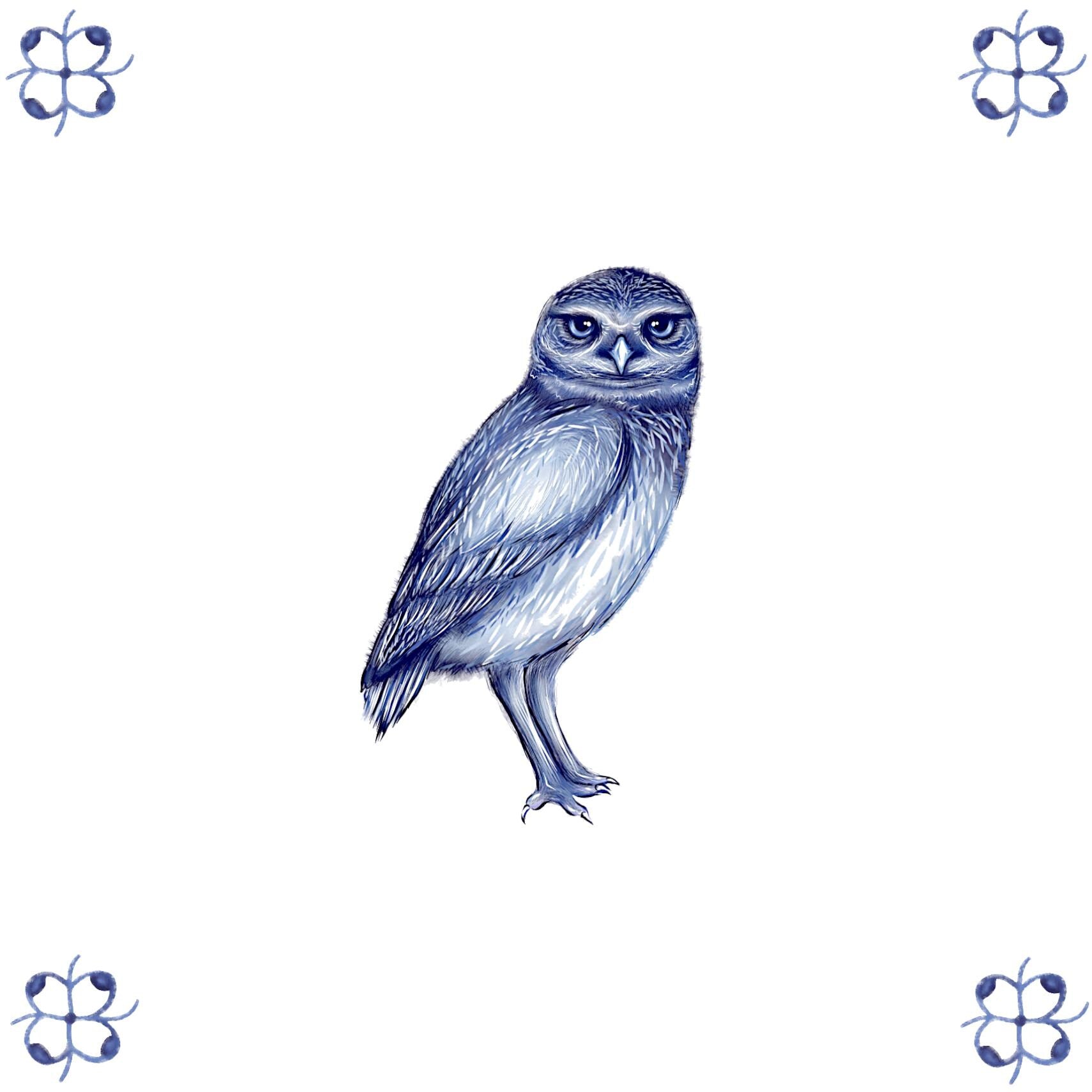 Delft Blue Ceramic Tile- Burrowing Owl︱Bathroom Tile, Splashback, Kitchen Tiles, Modern Dutch Style