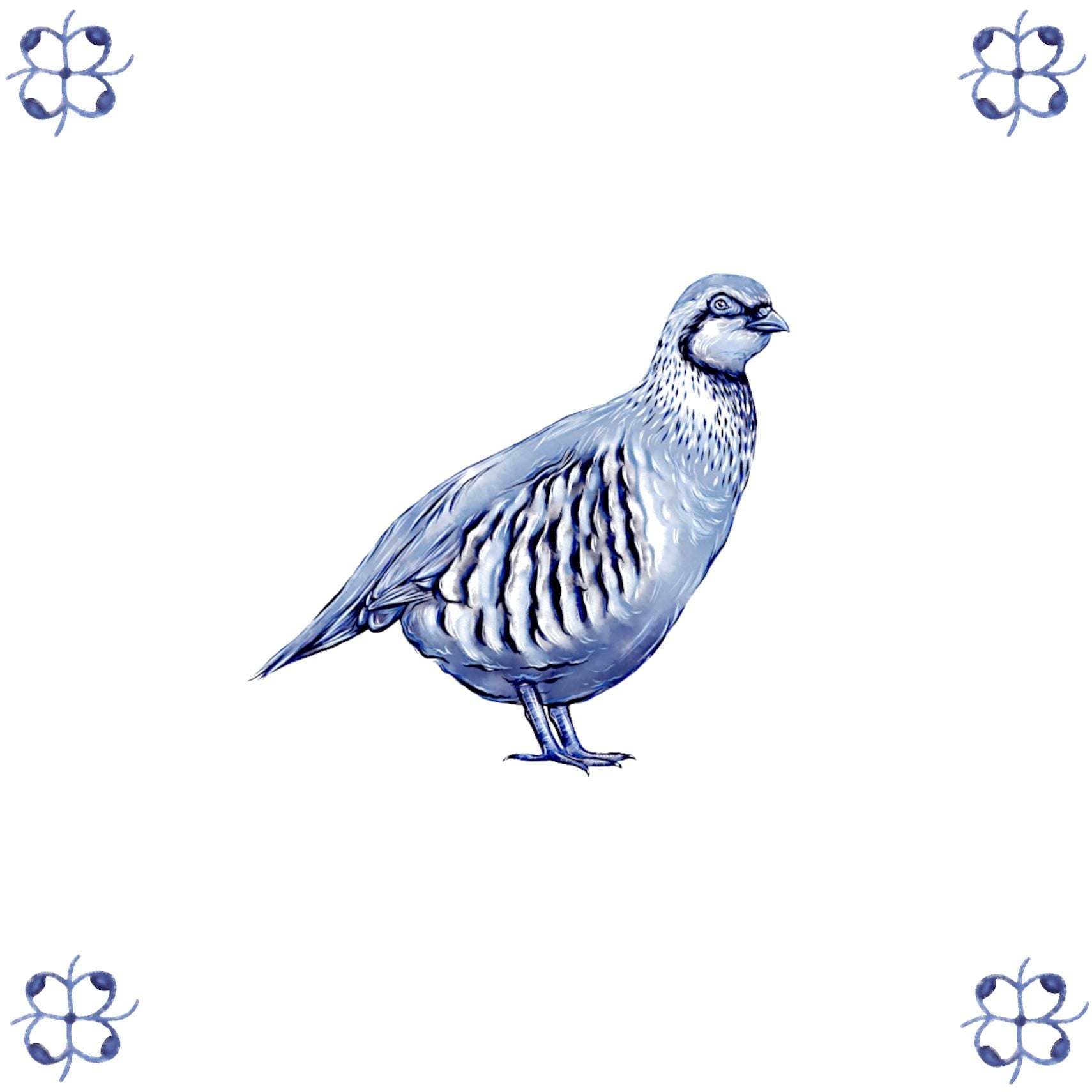 Delft Blue Ceramic Tile- Detailed Partridge︱Bathroom Tile, Splashback, Kitchen Tiles, Modern Dutch Style