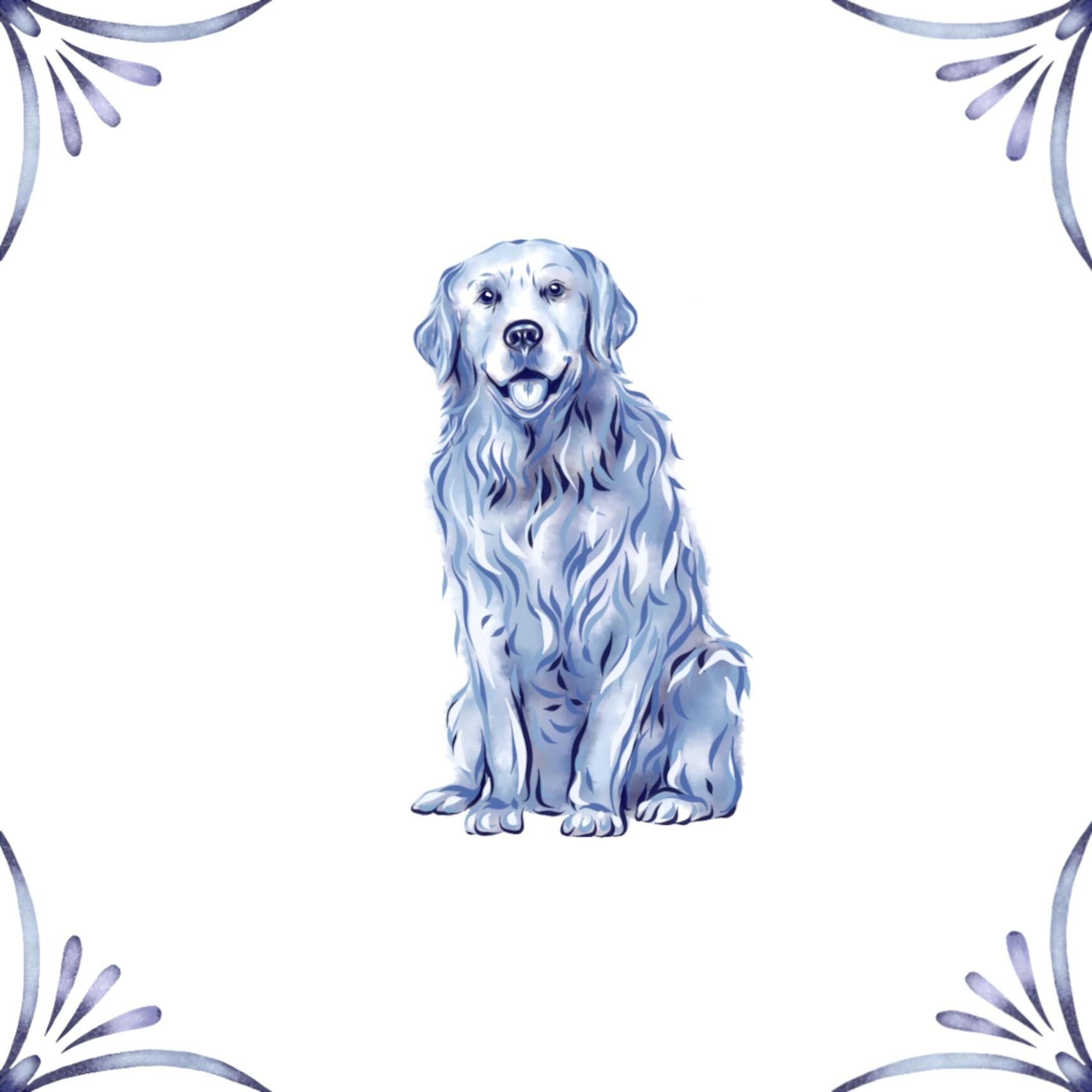 Delft Blue Ceramic Tile- Golden Retriever Dog︱Bathroom Tile, Splashback, Kitchen Tiles, Modern Dutch Style