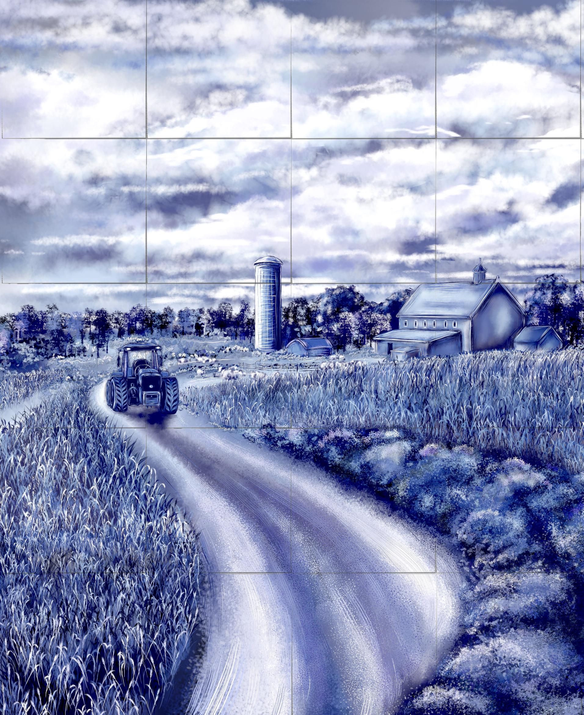 Delft Blue Ceramic Tile Mural- Farm Barn and Tractor Scene︱Splashback, Kitchen Tiles, Modern Dutch Style