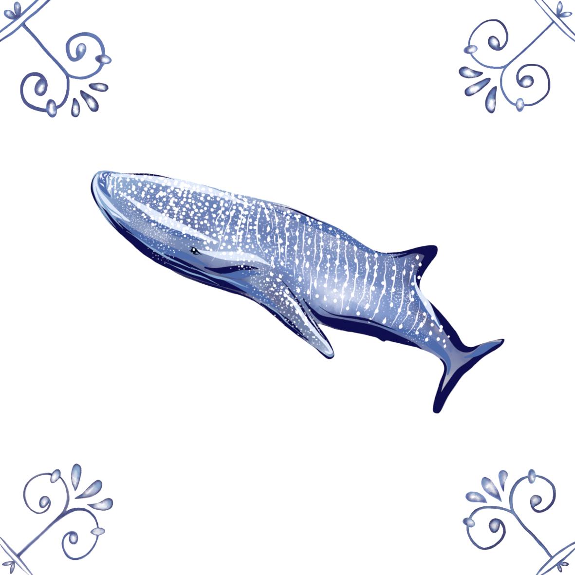 Delft Blue Ceramic Tile- Whale Shark︱Bathroom Tile, Splashback, Kitchen Tiles, Modern Dutch Style