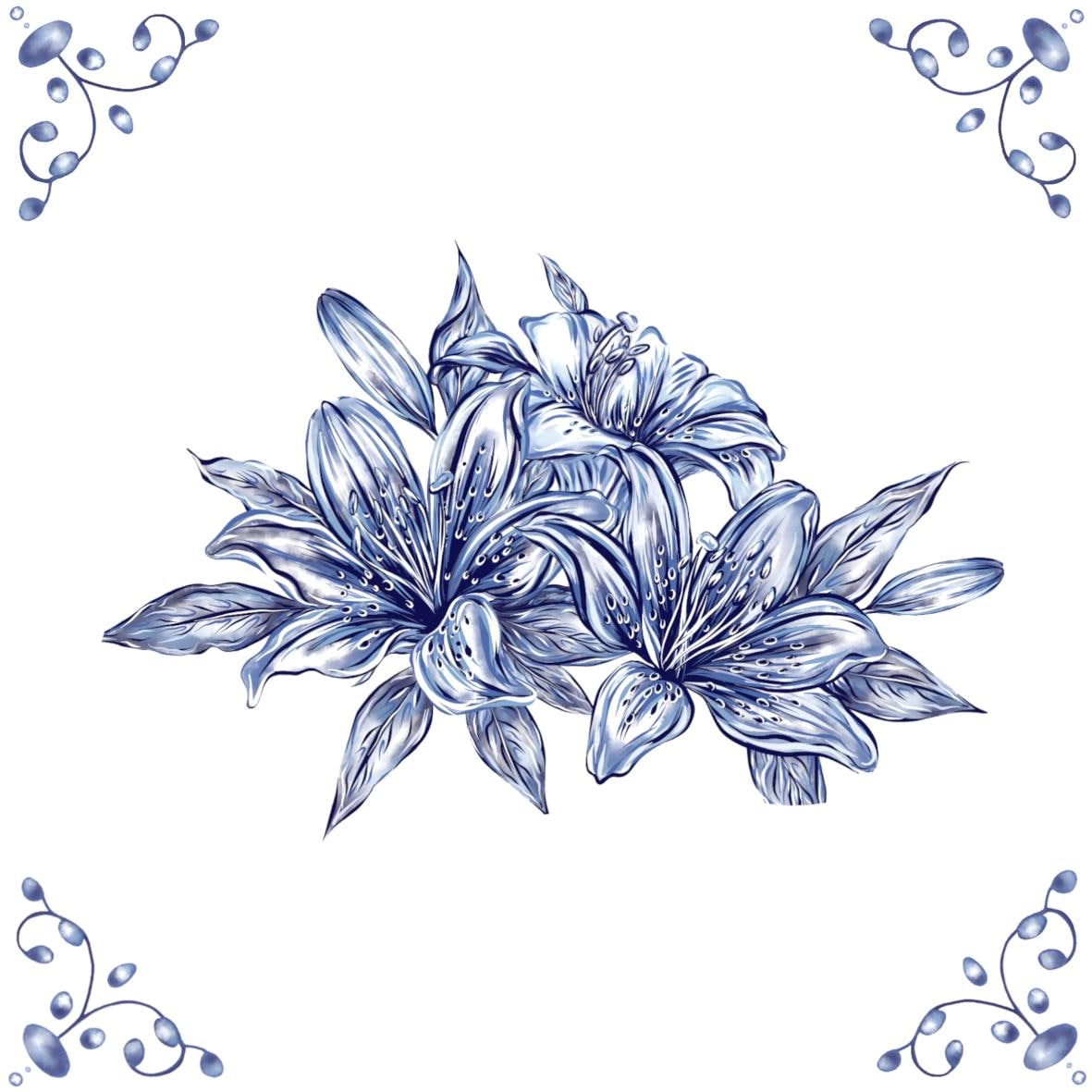 Delft Blue Ceramic Tile- Lily Cluster︱Bathroom Tile, Splashback, Kitchen Tiles, Modern Dutch Style