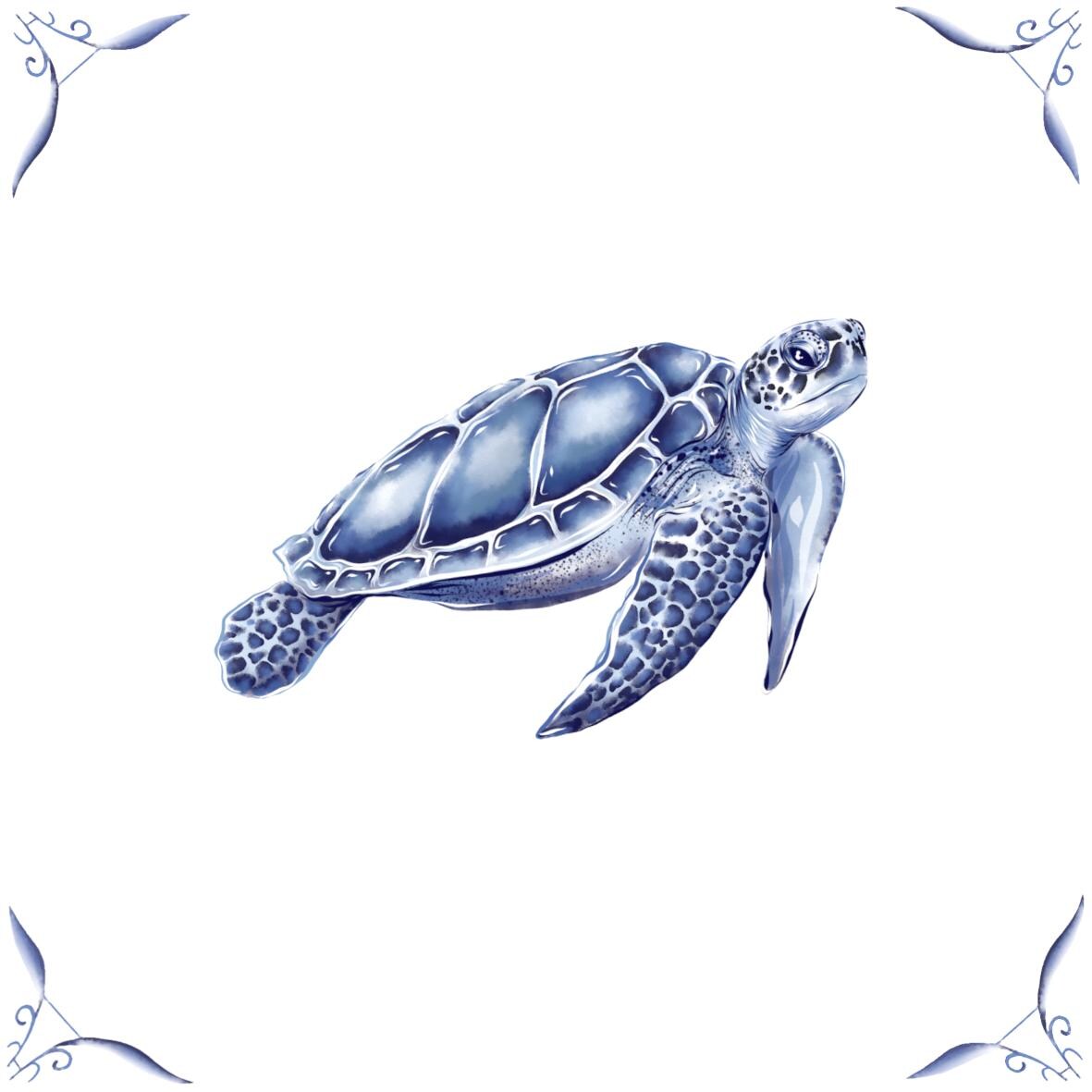 Delft Blue Ceramic Tile- Sea Turtle︱Bathroom Tile, Splashback, Kitchen Tiles, Modern Dutch Style