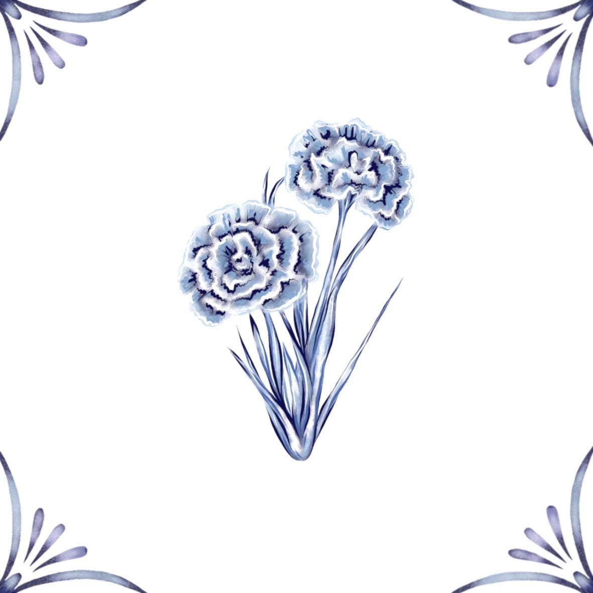 Delft Blue Ceramic Tile- Dianthus︱Bathroom Tile, Splashback, Kitchen Tiles, Modern Dutch Style