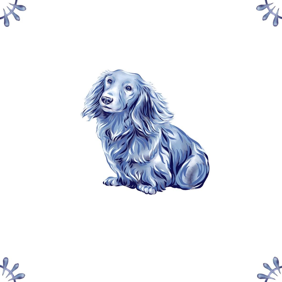 Delft Blue Ceramic Tile- Long Haired Dachshund Dog︱Bathroom Tile, Splashback, Kitchen Tiles, Modern Dutch Style