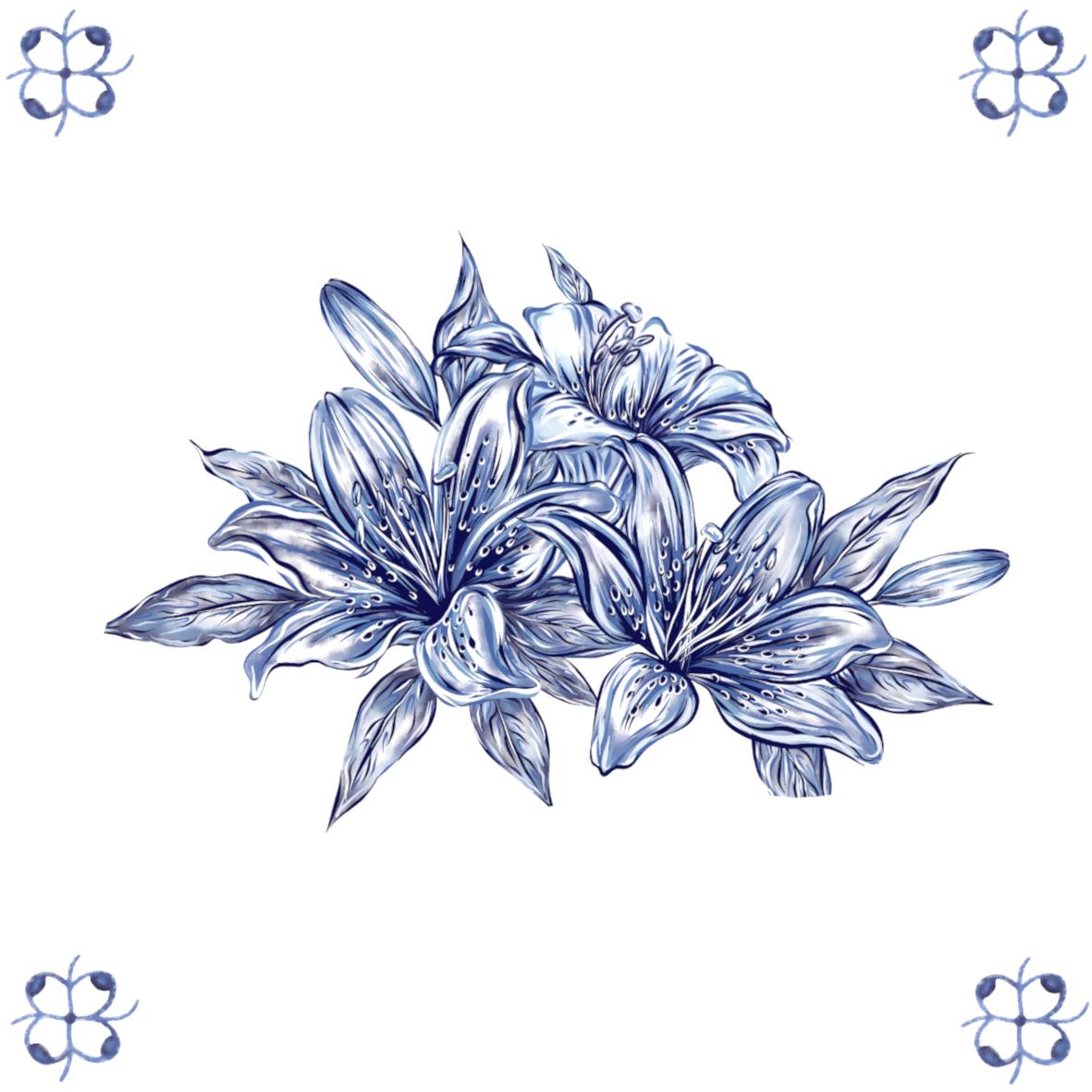 Delft Blue Ceramic Tile- Lily Cluster︱Bathroom Tile, Splashback, Kitchen Tiles, Modern Dutch Style