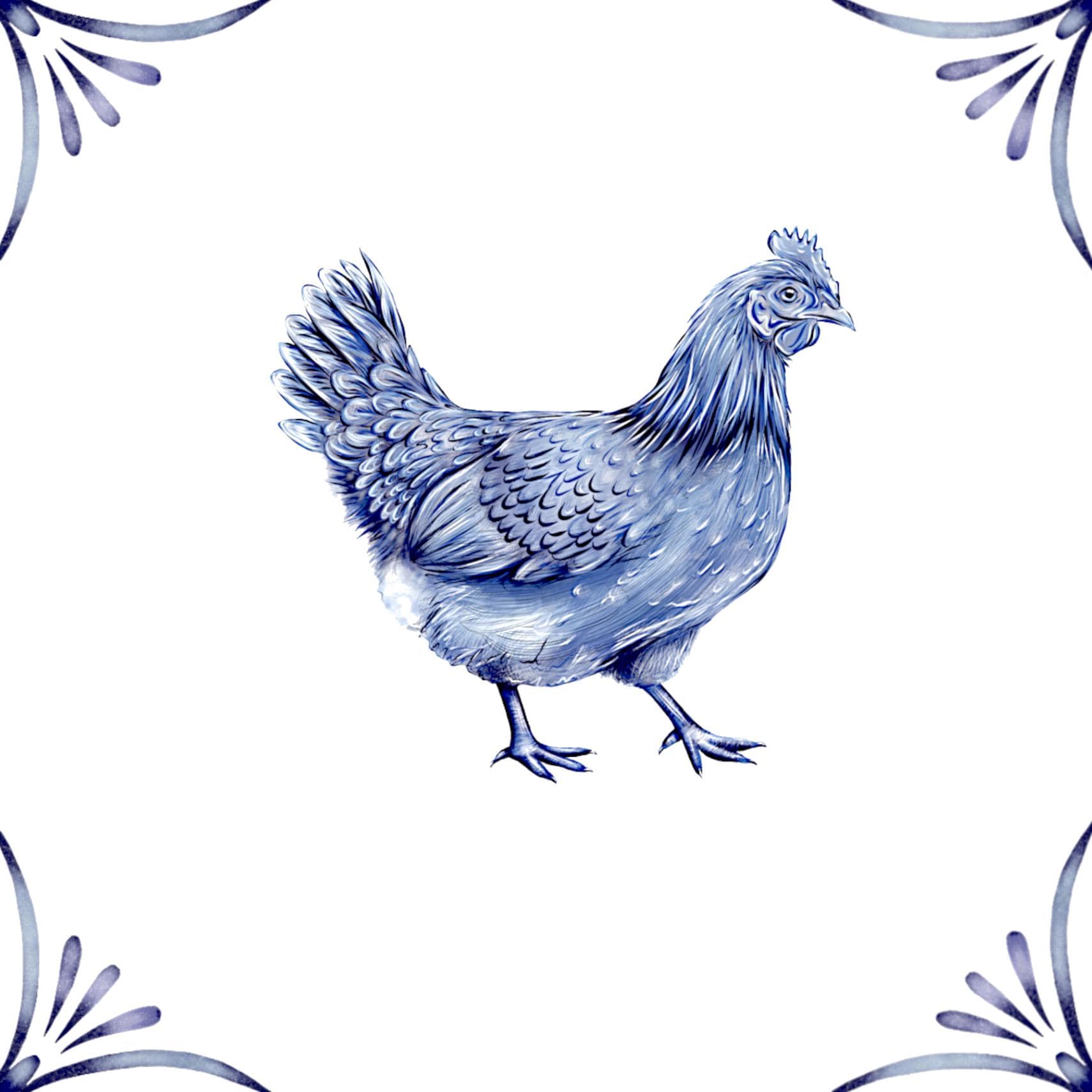 Delft Blue Ceramic Tile- Chicken︱Bathroom Tile, Splashback, Kitchen Tiles, Modern Dutch Style