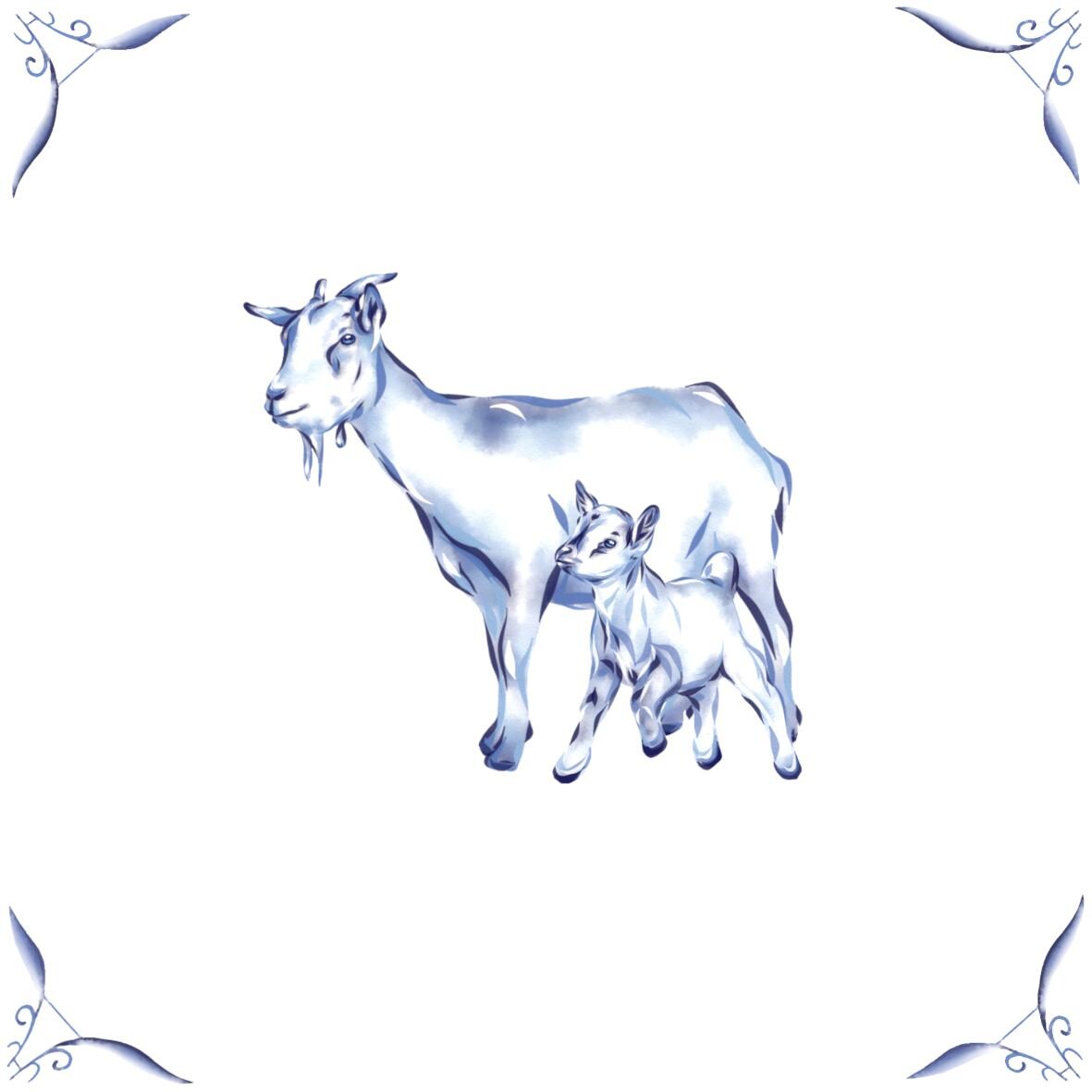 Delft Blue Ceramic Tile- Goat and Kid︱Bathroom Tile, Splashback, Kitchen Tiles, Modern Dutch Style