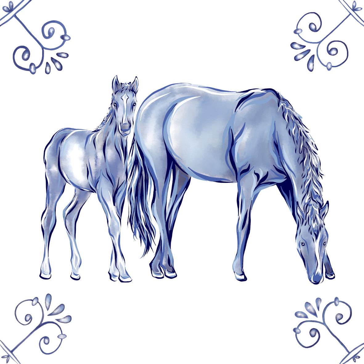 Delft Blue Ceramic Tile- Horse and Foal︱Bathroom Tile, Splashback, Kitchen Tiles, Modern Dutch Style