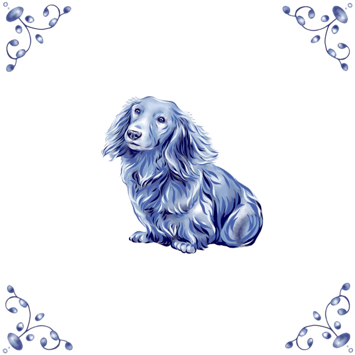 Delft Blue Ceramic Tile- Long Haired Dachshund Dog︱Bathroom Tile, Splashback, Kitchen Tiles, Modern Dutch Style