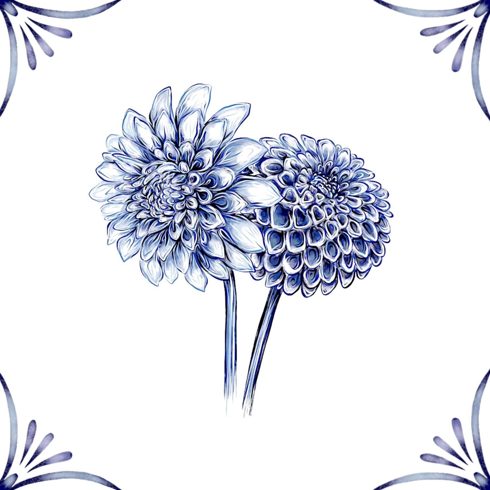 Delft Blue Ceramic Tile- Dahlia︱Bathroom Tile, Splashback, Kitchen Tiles, Modern Dutch Style