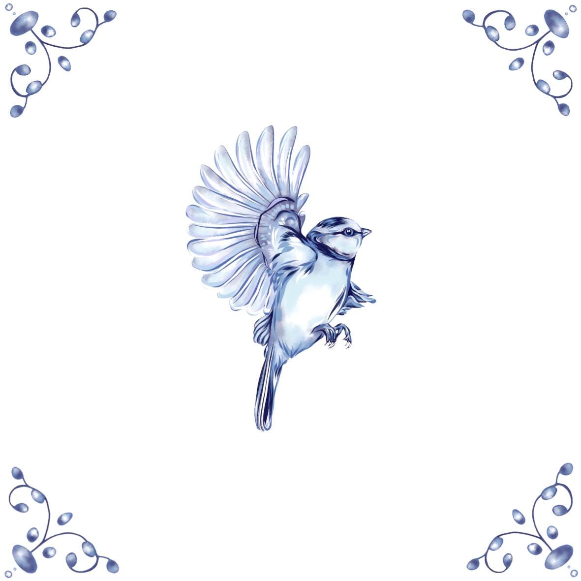 Delft Blue Ceramic Tile- Blue Tit︱Bathroom Tile, Splashback, Kitchen Tiles, Modern Dutch Style