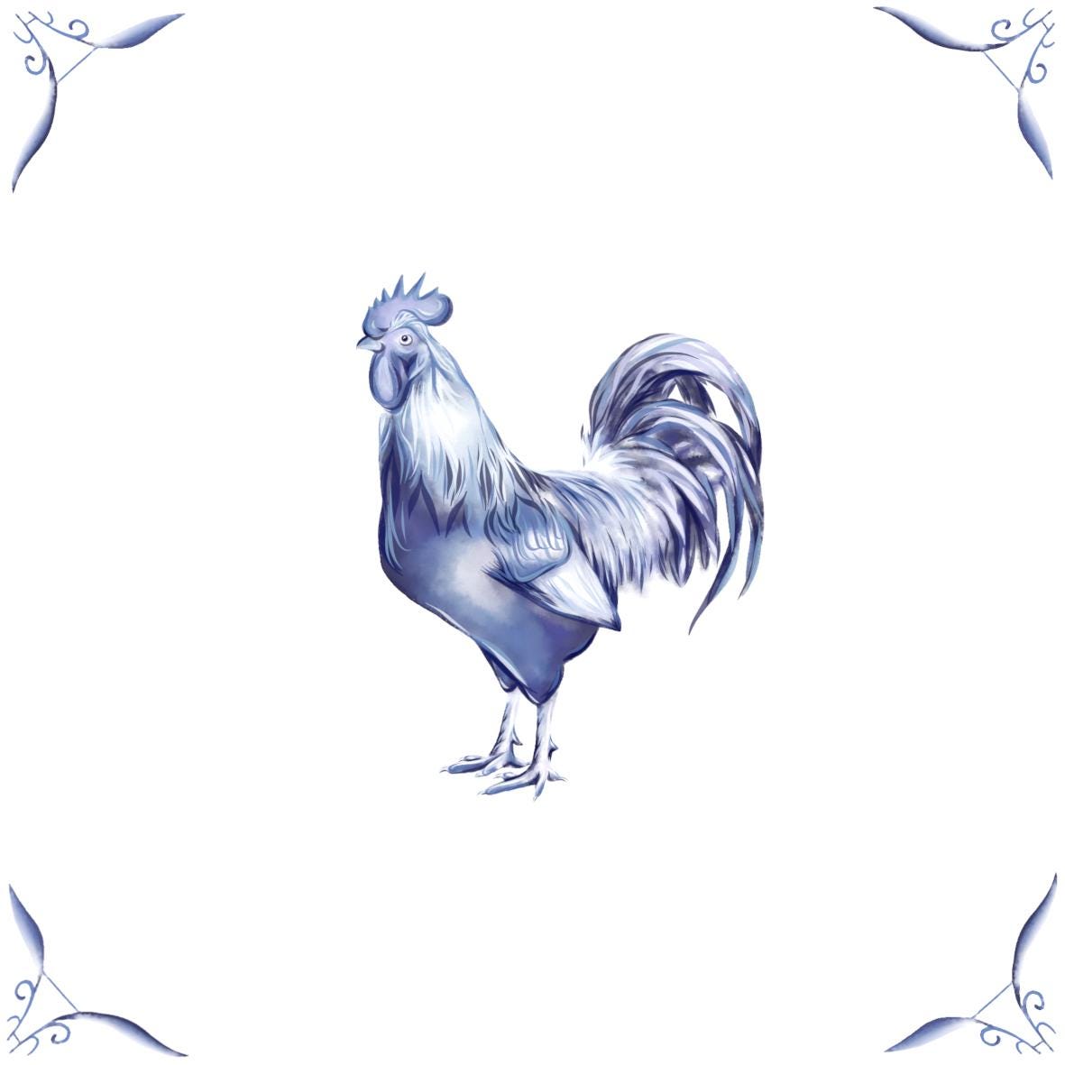 Delft Blue Ceramic Tile- Cockerel︱Bathroom Tile, Splashback, Kitchen Tiles, Modern Dutch Style