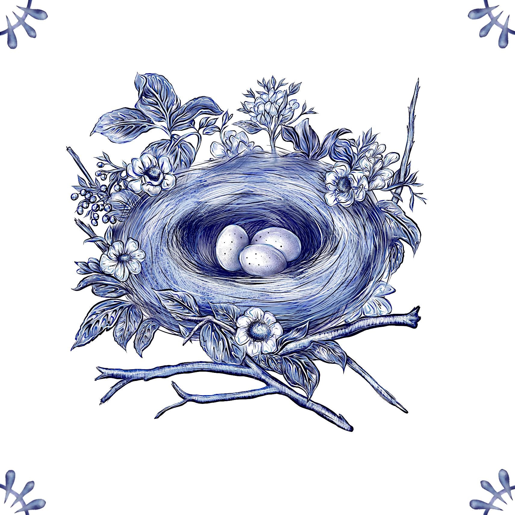 Delft Blue Ceramic Tile- Nest with Eggs︱Splashback, Kitchen Tiles, Modern Dutch Style
