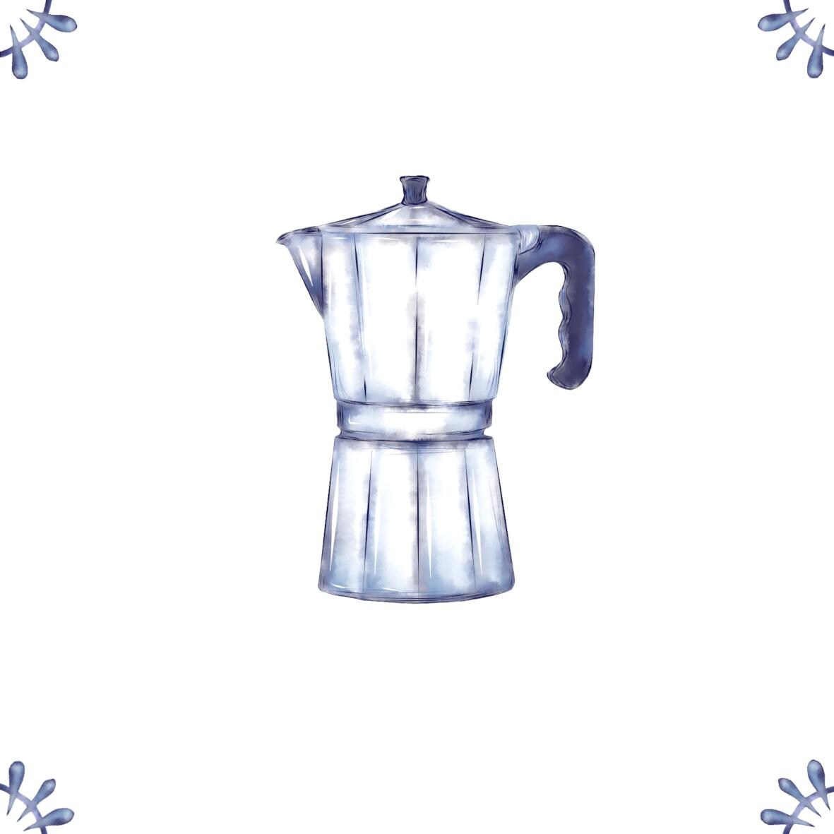 Delft Blue Ceramic Tile- Mocha Pot / Espresso Maker︱Bathroom Tile, Splashback, Kitchen Tiles, Modern Dutch Style