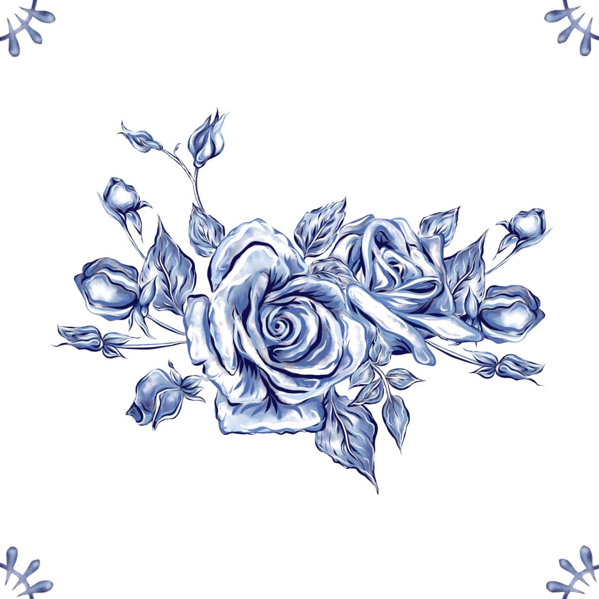 Delft Blue Ceramic Tile- Rose Cluster︱Bathroom Tile, Splashback, Kitchen Tiles, Modern Dutch Style