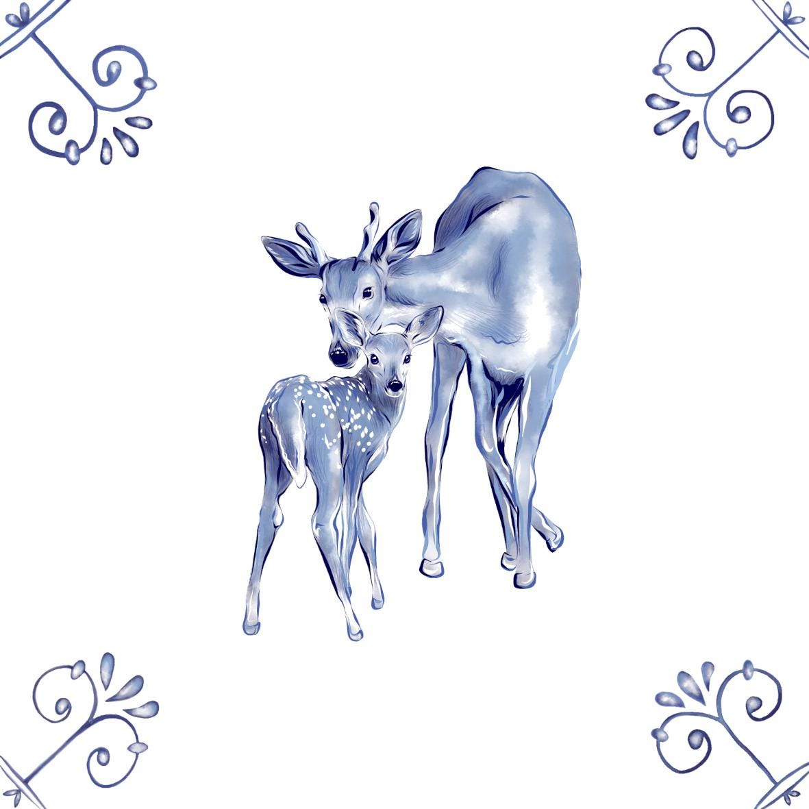 Delft Blue Ceramic Tile- Deer and Fawn︱Bathroom Tile, Splashback, Kitchen Tiles, Modern Dutch Style
