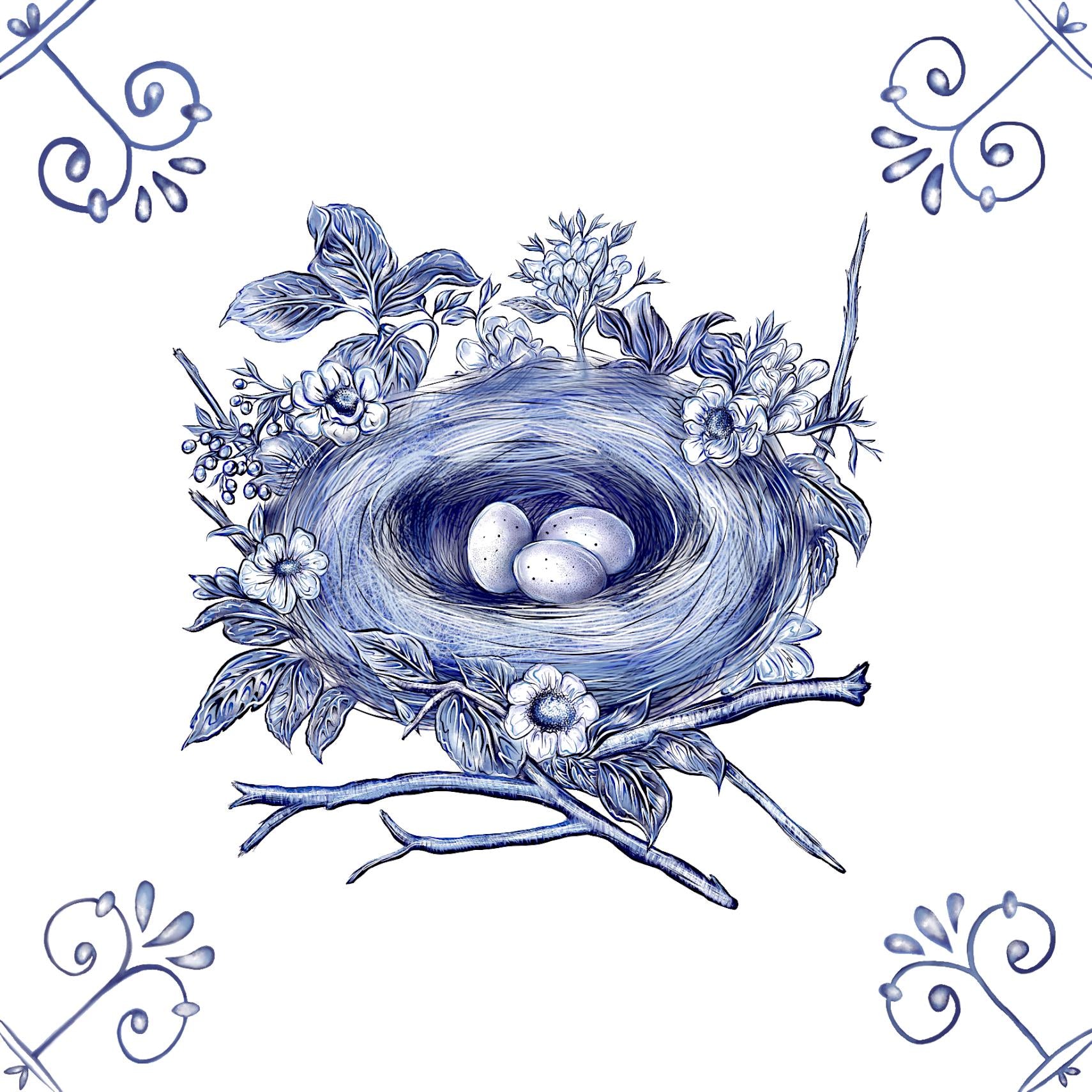 Delft Blue Ceramic Tile- Nest with Eggs︱Splashback, Kitchen Tiles, Modern Dutch Style