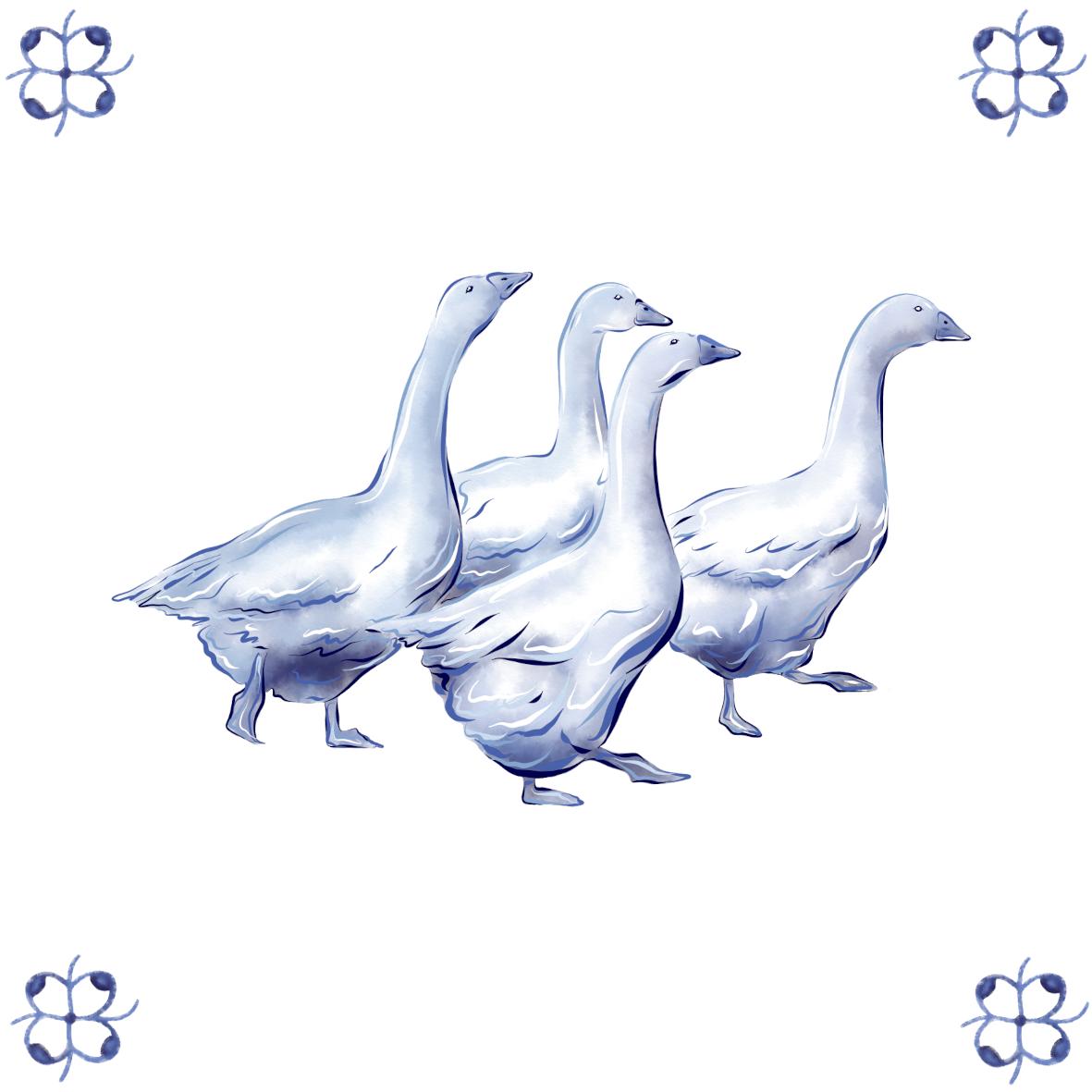 Delft Blue Ceramic Tile- Gaggle of Geese / Goose︱Bathroom Tile, Splashback, Kitchen Tiles, Modern Dutch Style