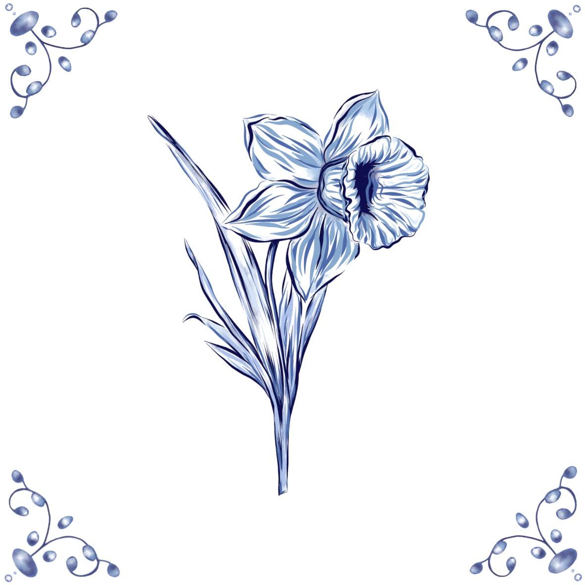 Delft Blue Ceramic Tile- Daffodil︱Bathroom Tile, Splashback, Kitchen Tiles, Modern Dutch Style