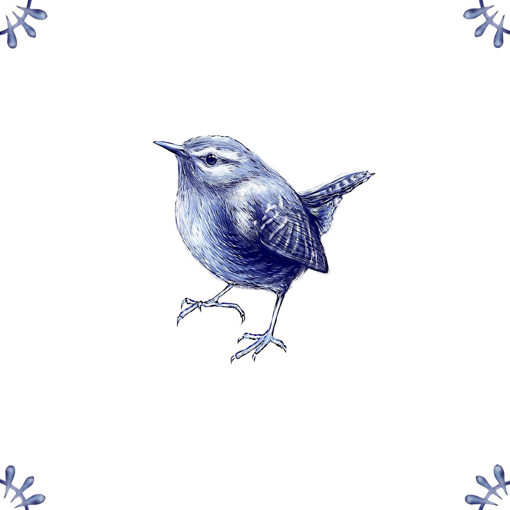 Delft Blue Ceramic Tile- Detailed Wren︱Bathroom Tile, Splashback, Kitchen Tiles, Modern Dutch Style