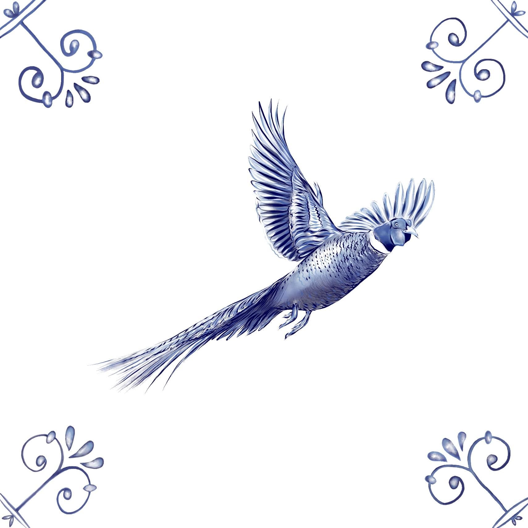 Delft Blue Ceramic Tile- Flying Pheasant︱Bathroom Tile, Splashback, Kitchen Tiles, Modern Dutch Style