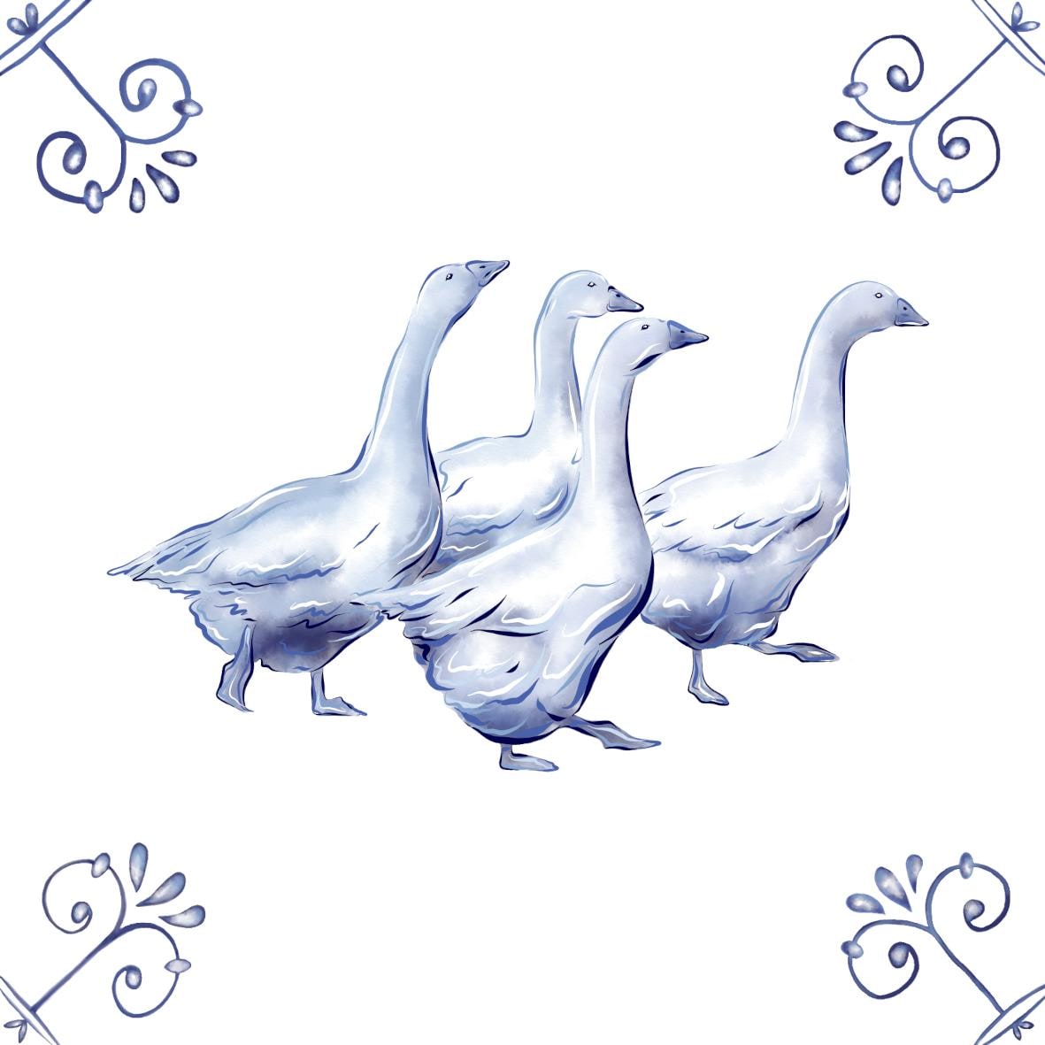 Delft Blue Ceramic Tile- Gaggle of Geese / Goose︱Bathroom Tile, Splashback, Kitchen Tiles, Modern Dutch Style
