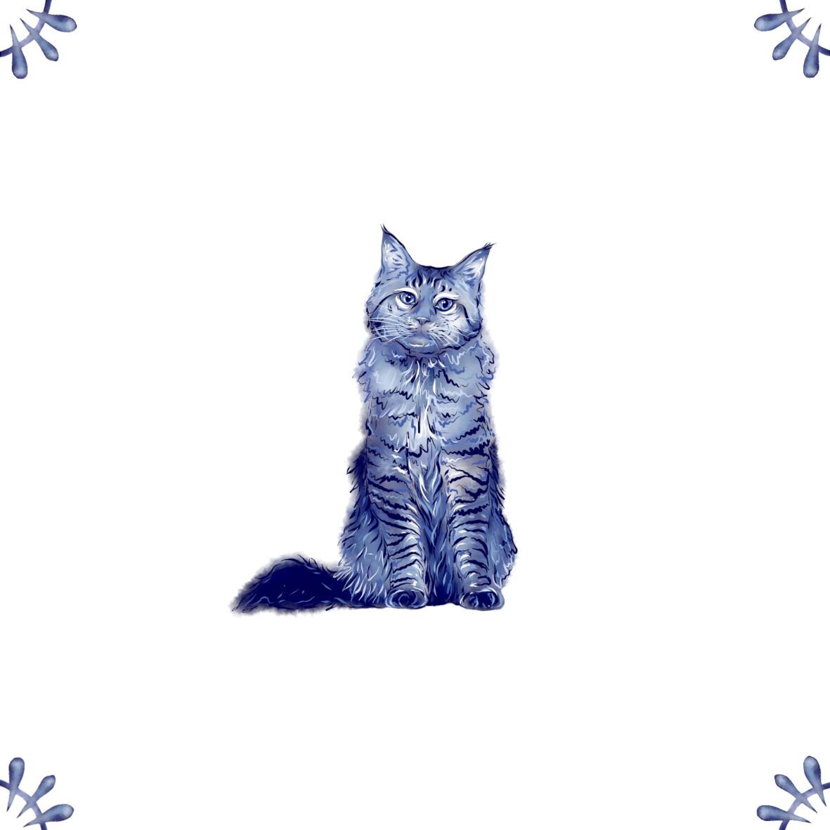 Delft Blue Ceramic Tile- Maine Coon Cat︱Bathroom Tile, Splashback, Kitchen Tiles, Modern Dutch Style
