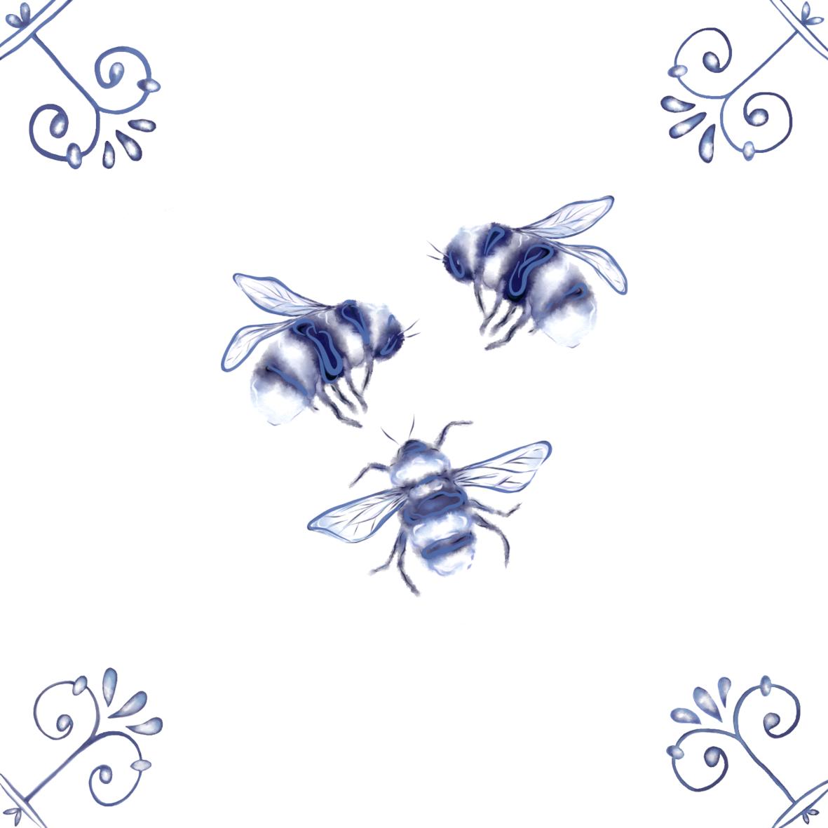 Delft Blue Ceramic Tile- Bees︱Bathroom Tile, Splashback, Kitchen Tiles, Modern Dutch Style