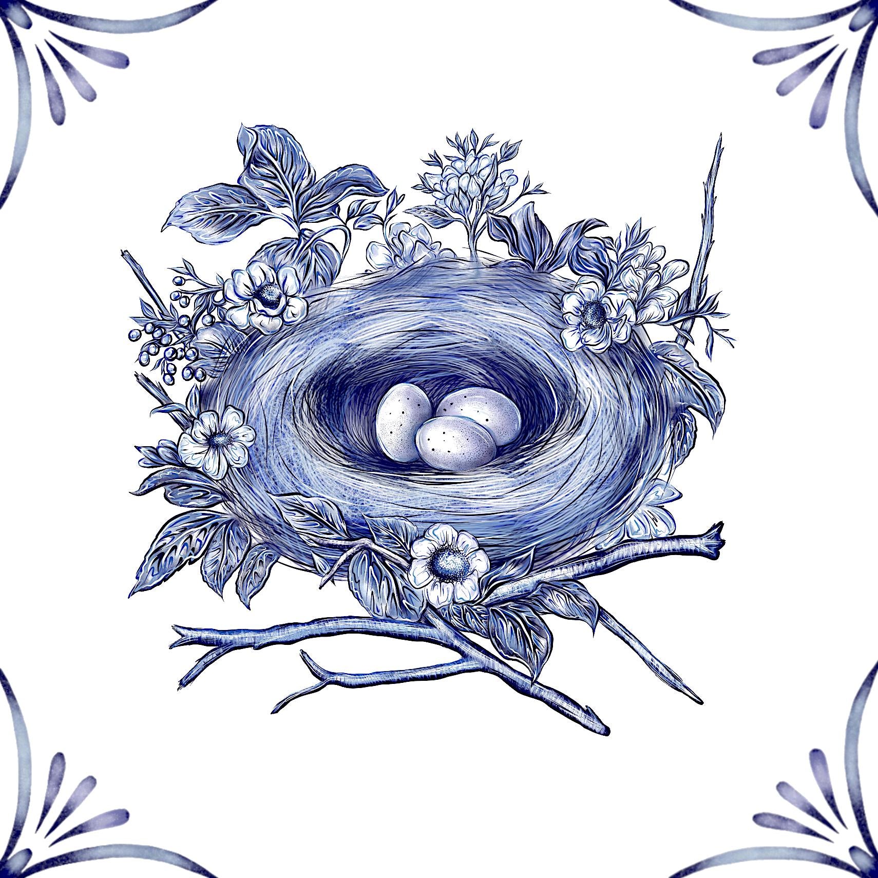 Delft Blue Ceramic Tile- Nest with Eggs︱Splashback, Kitchen Tiles, Modern Dutch Style