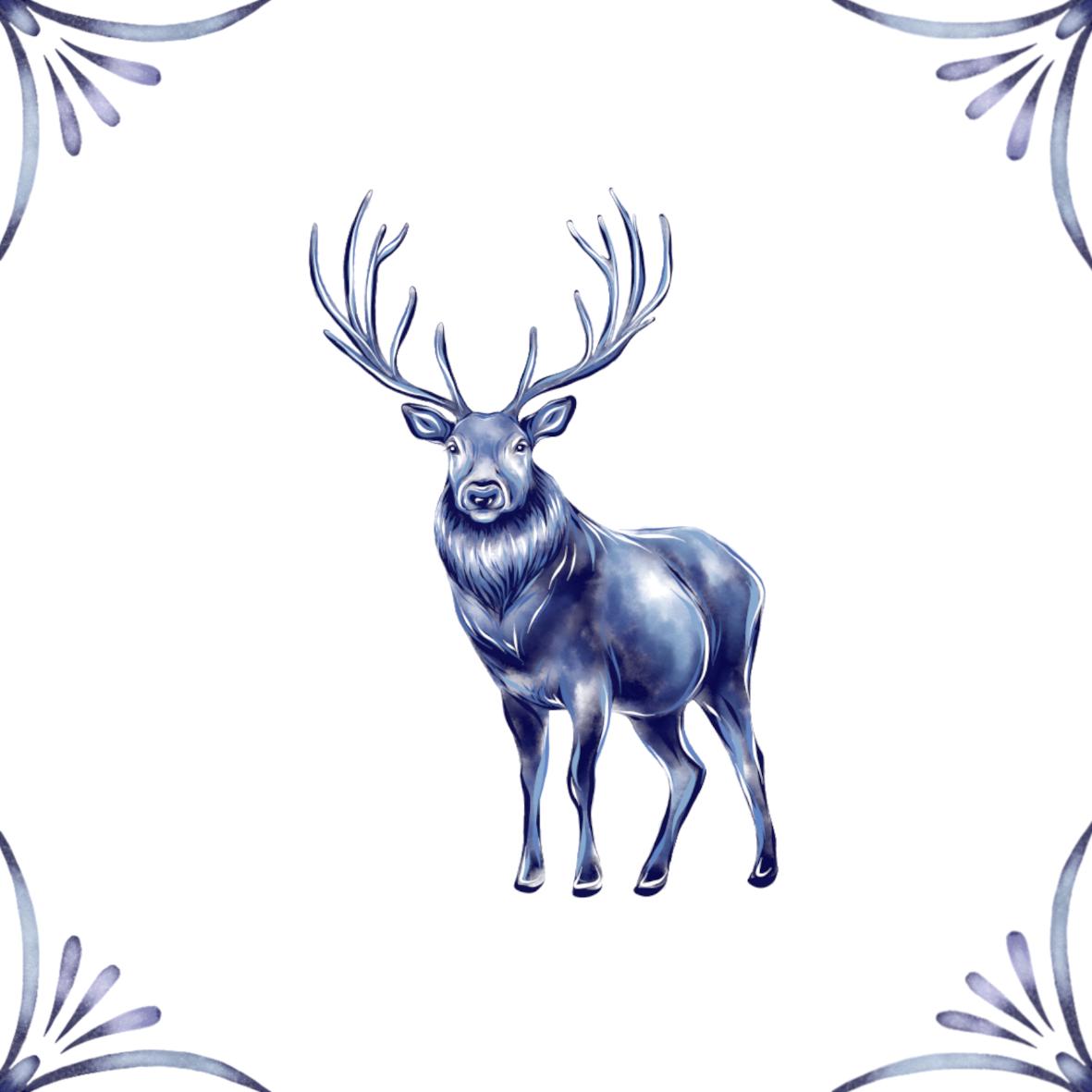 Delft Blue Ceramic Tile- Stag Reindeer︱Bathroom Tile, Splashback, Kitchen Tiles, Modern Dutch Style