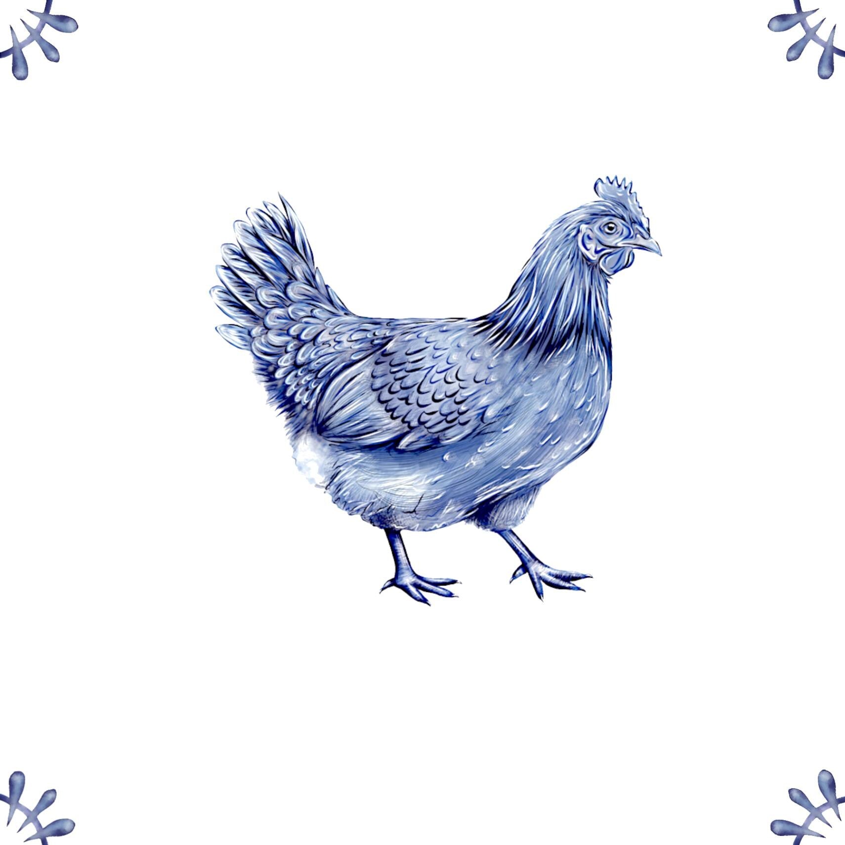 Delft Blue Ceramic Tile- Chicken︱Bathroom Tile, Splashback, Kitchen Tiles, Modern Dutch Style