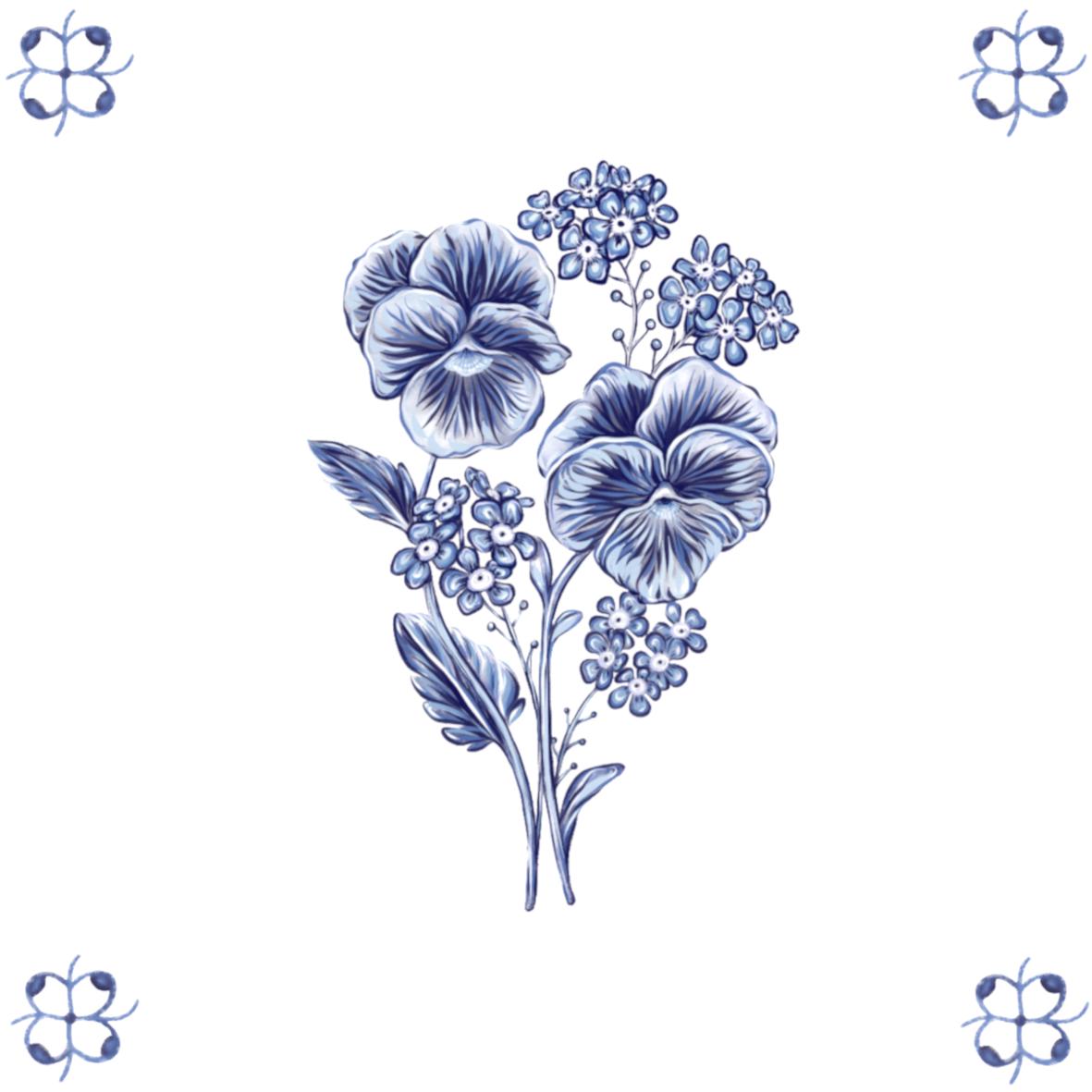 Delft Blue Ceramic Tile- Pansy︱Bathroom Tile, Splashback, Kitchen Tiles, Modern Dutch Style