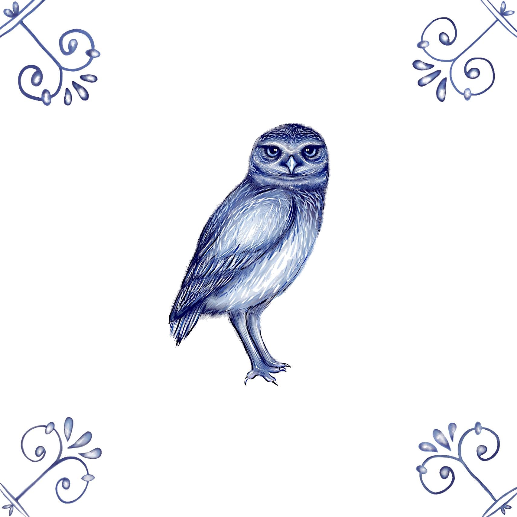 Delft Blue Ceramic Tile- Burrowing Owl︱Bathroom Tile, Splashback, Kitchen Tiles, Modern Dutch Style