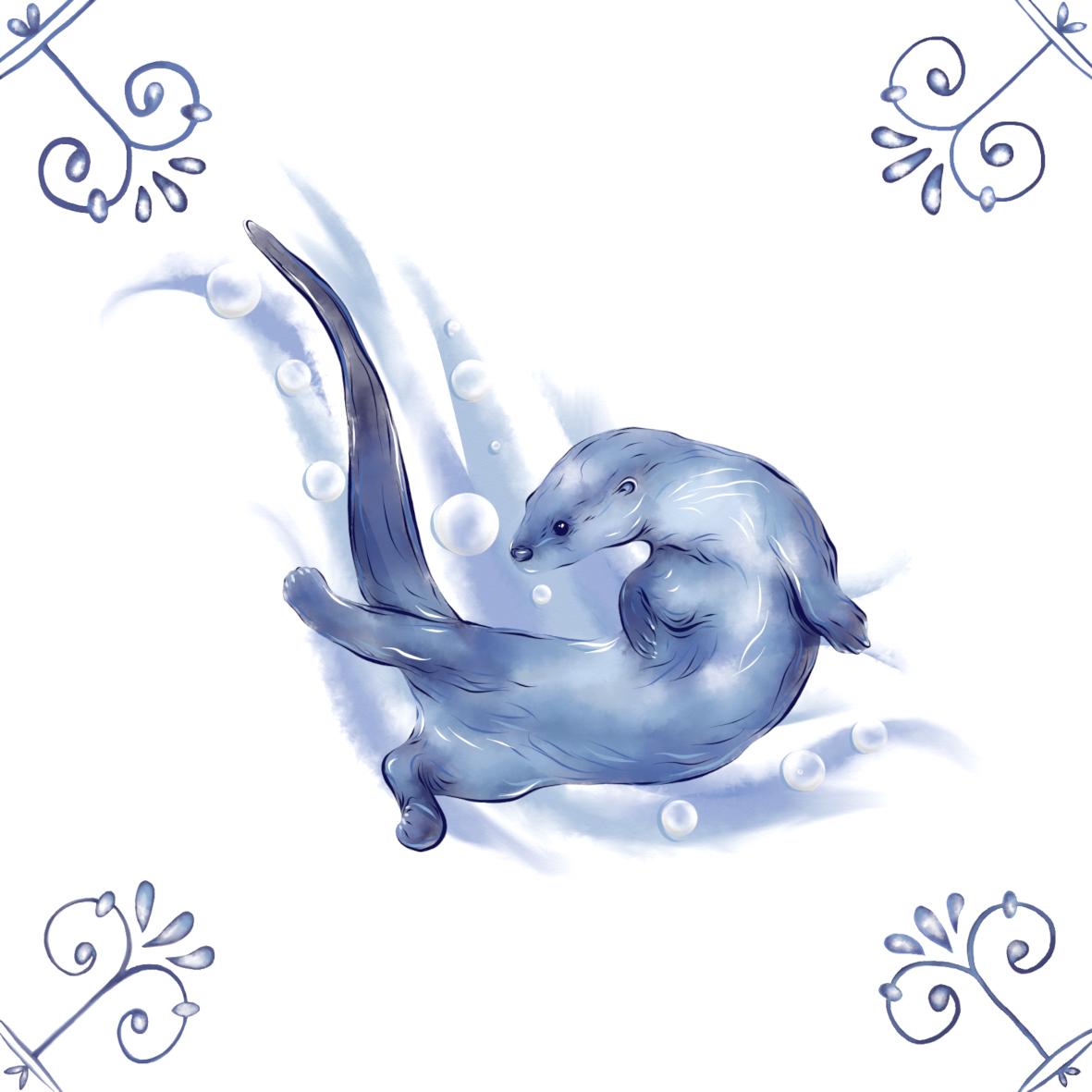 Delft Blue Ceramic Tile- Otter Swimming︱Bathroom Tile, Splashback, Kitchen Tiles, Modern Dutch Style