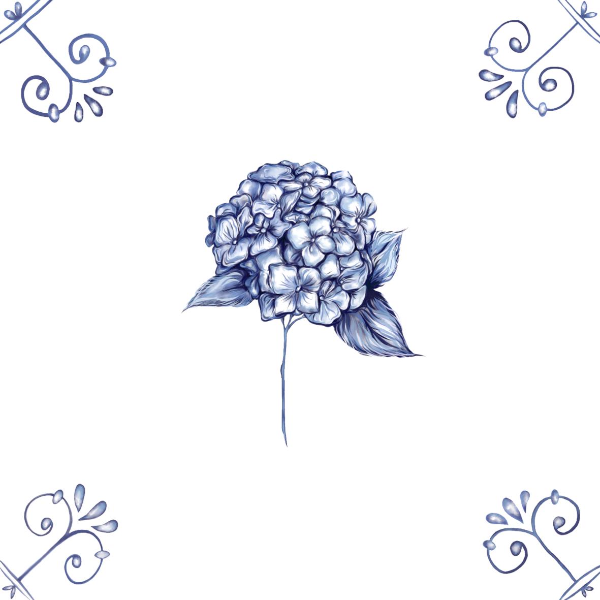 Delft Blue Ceramic Tile- Hydrangea︱Bathroom Tile, Splashback, Kitchen Tiles, Modern Dutch Style