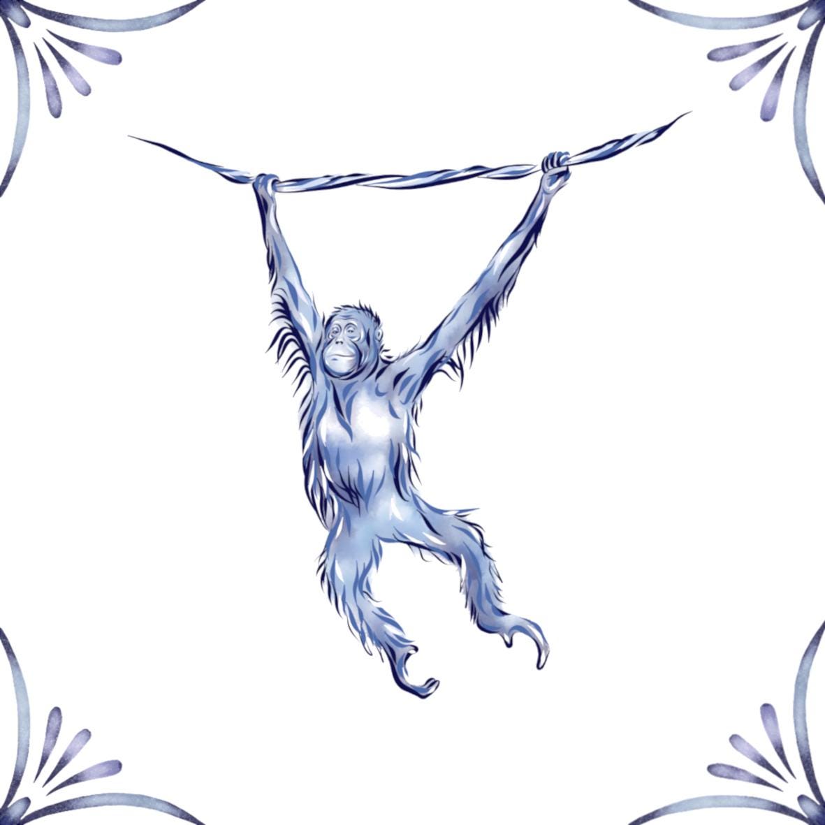 Delft Blue Ceramic Tile- Orangutan︱Bathroom Tile, Splashback, Kitchen Tiles, Modern Dutch Style