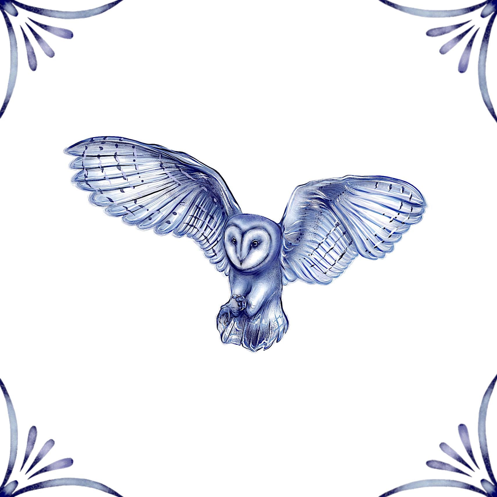 Delft Blue Detailed Barn Owl Ceramic Tile – Dutch Style Kitchen Decor