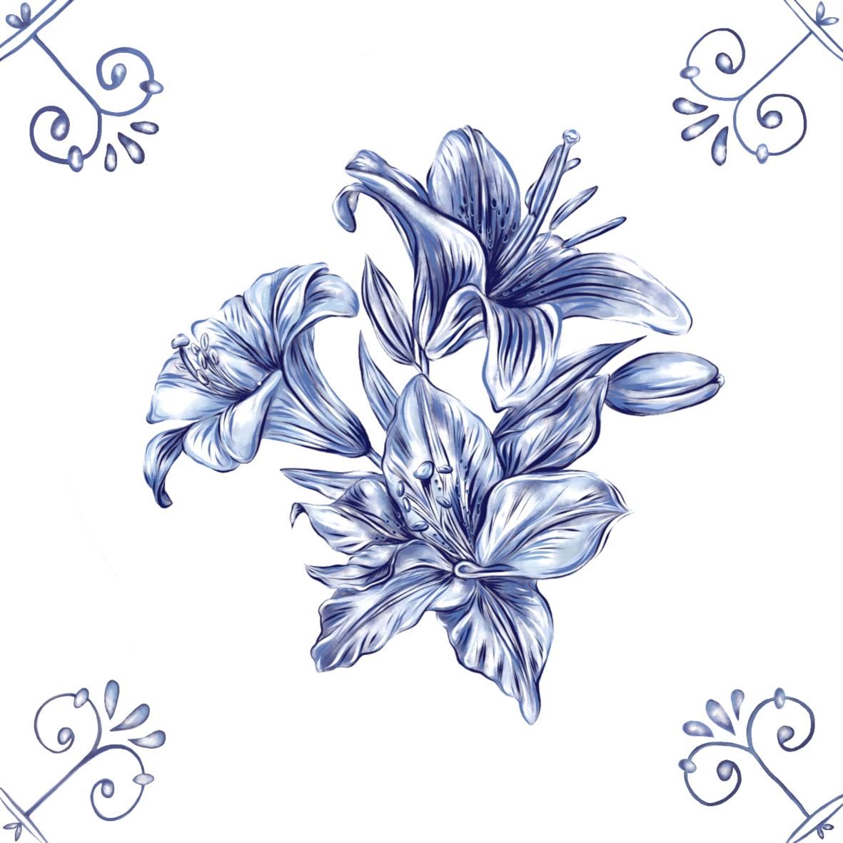 Delft Blue Ceramic Tile- Lily︱Bathroom Tile, Splashback, Kitchen Tiles, Modern Dutch Style