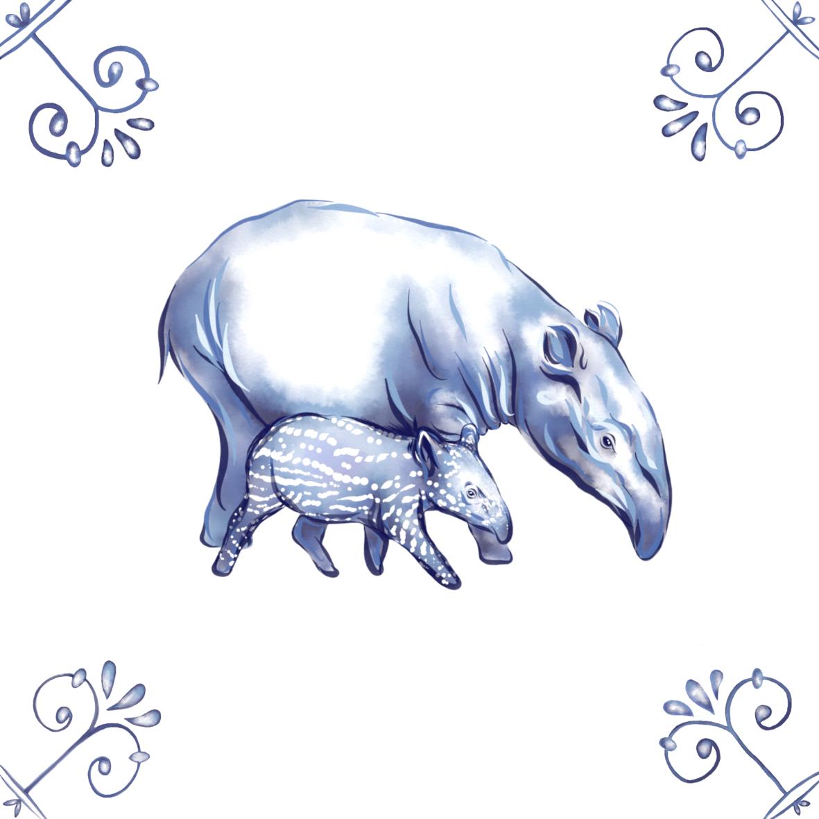 Delft Blue Ceramic Tile- Tapir and Baby︱Bathroom Tile, Splashback, Kitchen Tiles, Modern Dutch Style