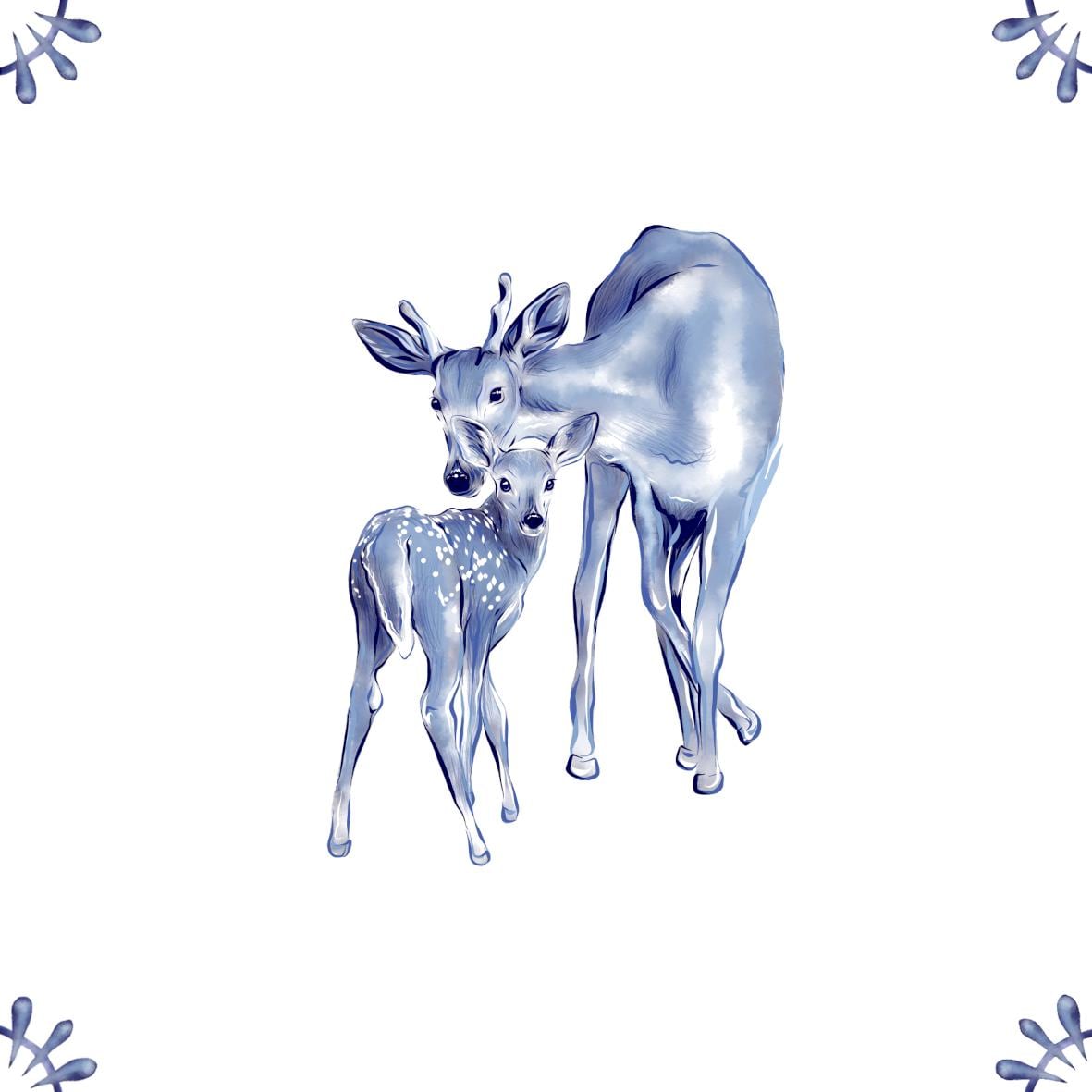 Delft Blue Ceramic Tile- Deer and Fawn︱Bathroom Tile, Splashback, Kitchen Tiles, Modern Dutch Style