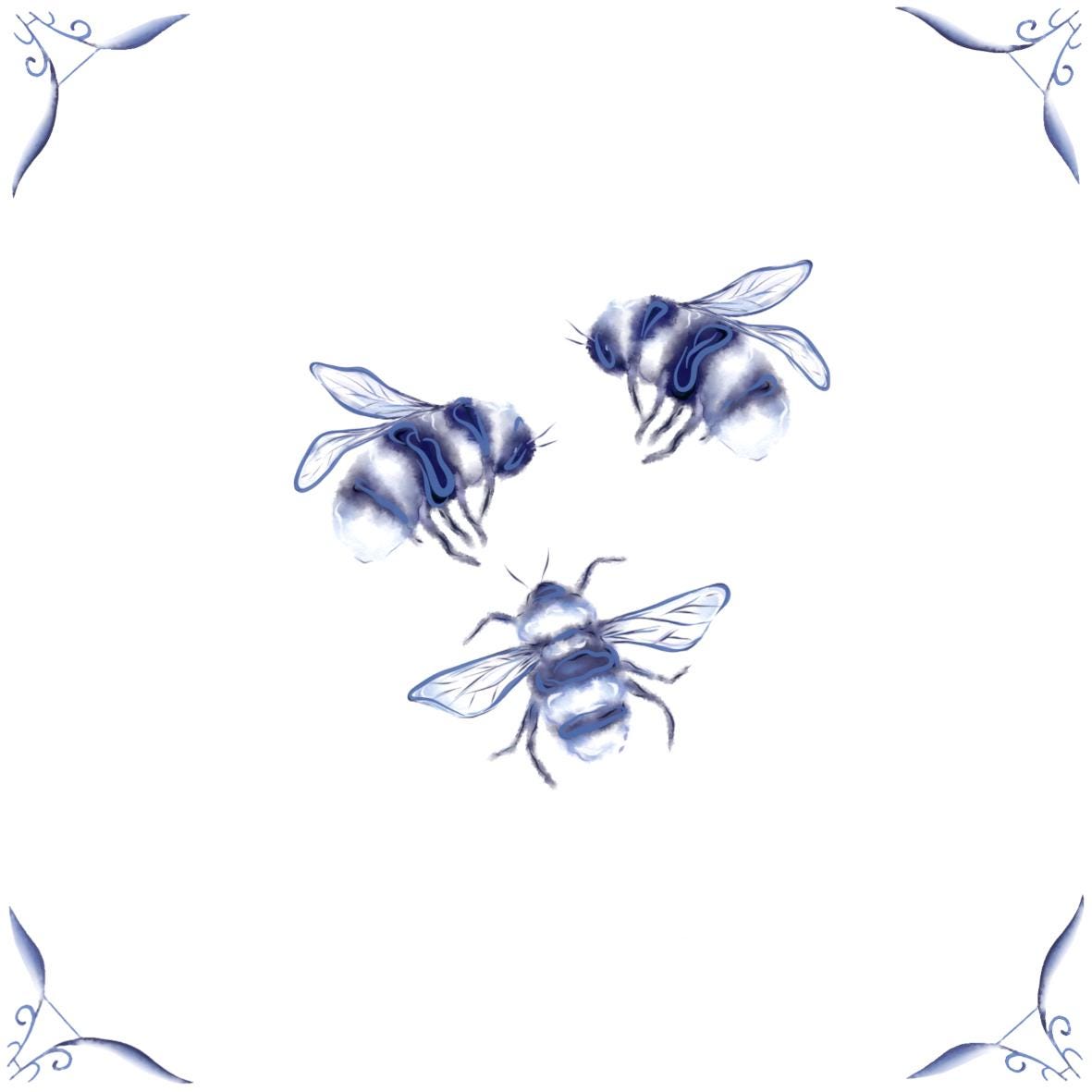 Delft Blue Ceramic Tile- Bees︱Bathroom Tile, Splashback, Kitchen Tiles, Modern Dutch Style