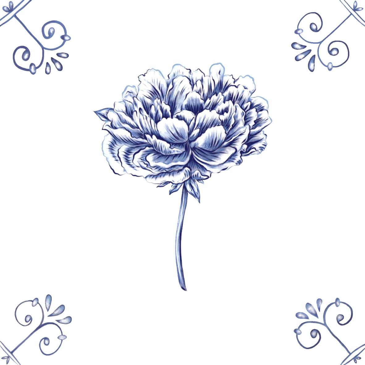 Delft Blue Ceramic Tile- Peony︱Bathroom Tile, Splashback, Kitchen Tiles, Modern Dutch Style