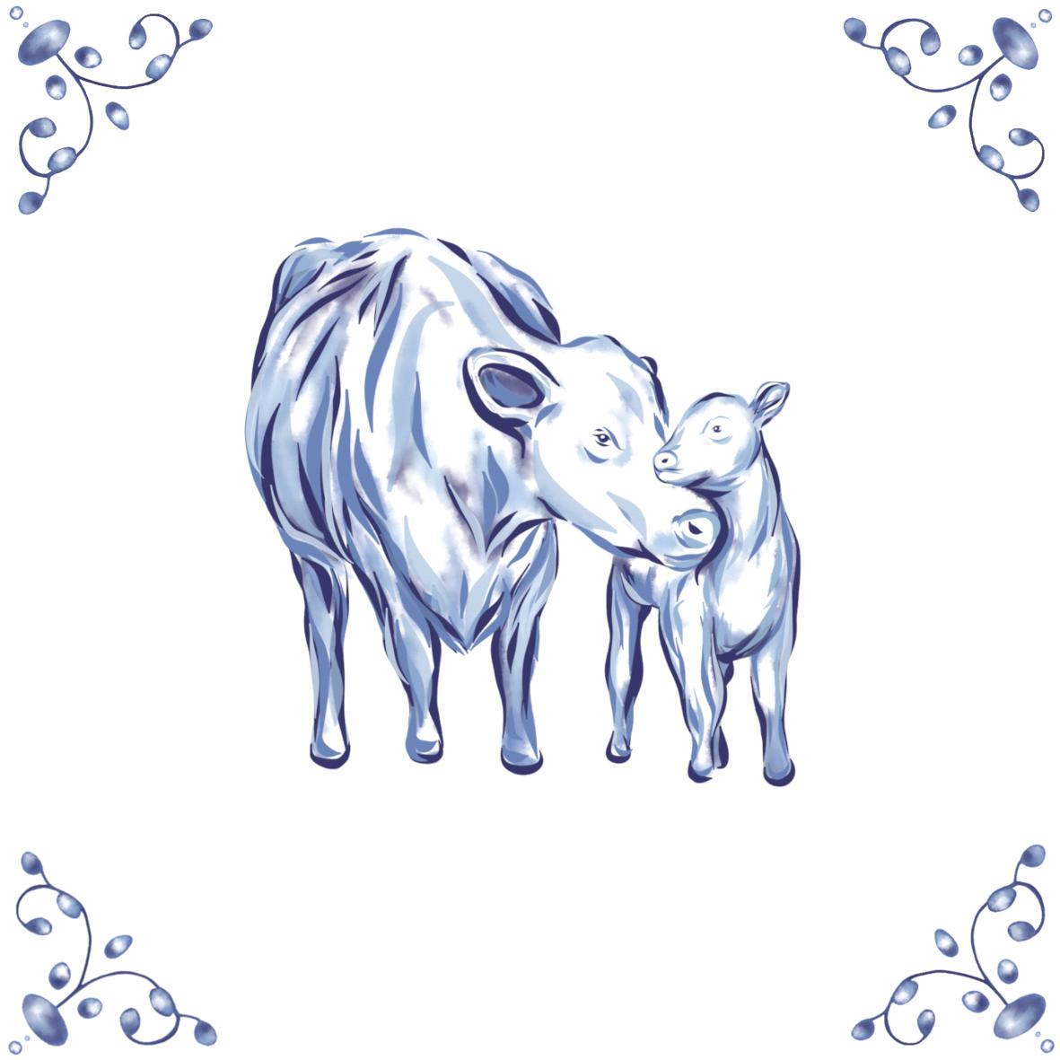 Delft Blue Ceramic Tile- Cow and Calf︱Bathroom Tile, Splashback, Kitchen Tiles, Modern Dutch Style